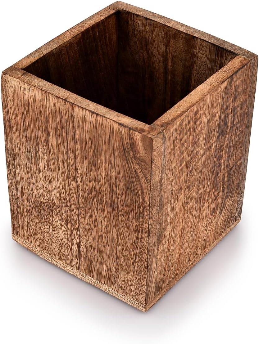 Samhita Mango Wood Burning Finished Kitchen Utensil Holder for Countertop, Utensil Holder Container for Kitchen Cooking Utensil. ( 5"x 5"x 6")