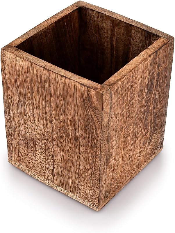 Mango Wood Burning Finished Kitchen Utensil Holder for Countertop, Utensil Holder Container for Kitchen Cooking Utensil. ( 5"x 5"x 6")
