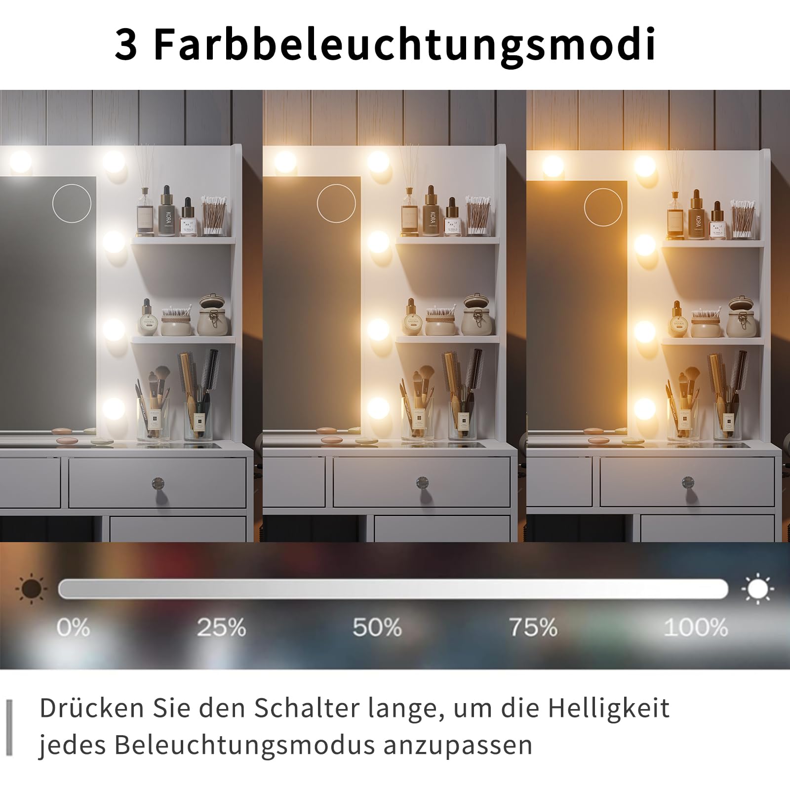 FUSOU Schminktisch Spiegel und LED Beleuchtung, Kosmetiktisch mit 9 Schubladen, 4 offenen Ablagen, Frisiertisch mit Steckdosen, Schminktisch für das Schlafzimmer, Weiß