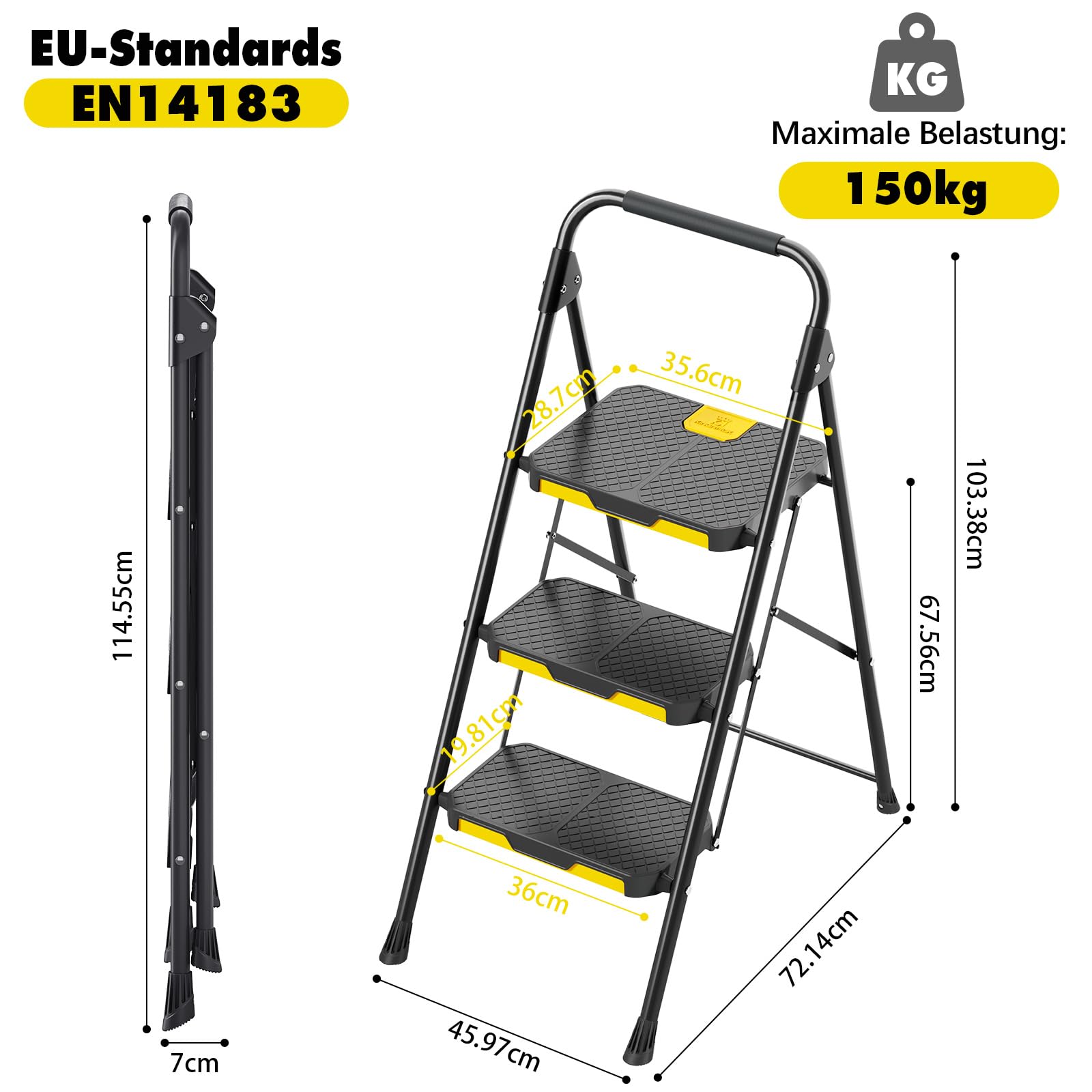 KINGRACK Leiter 3 Stufen, trittleiter 3 Stufen klappbar, haushaltsleiter mit rutschfestem, breitem Pedal und Handläufen, leichte Haushaltsleiter für Küche, Vorratskammer, Schränke, Büro(Schwarz)