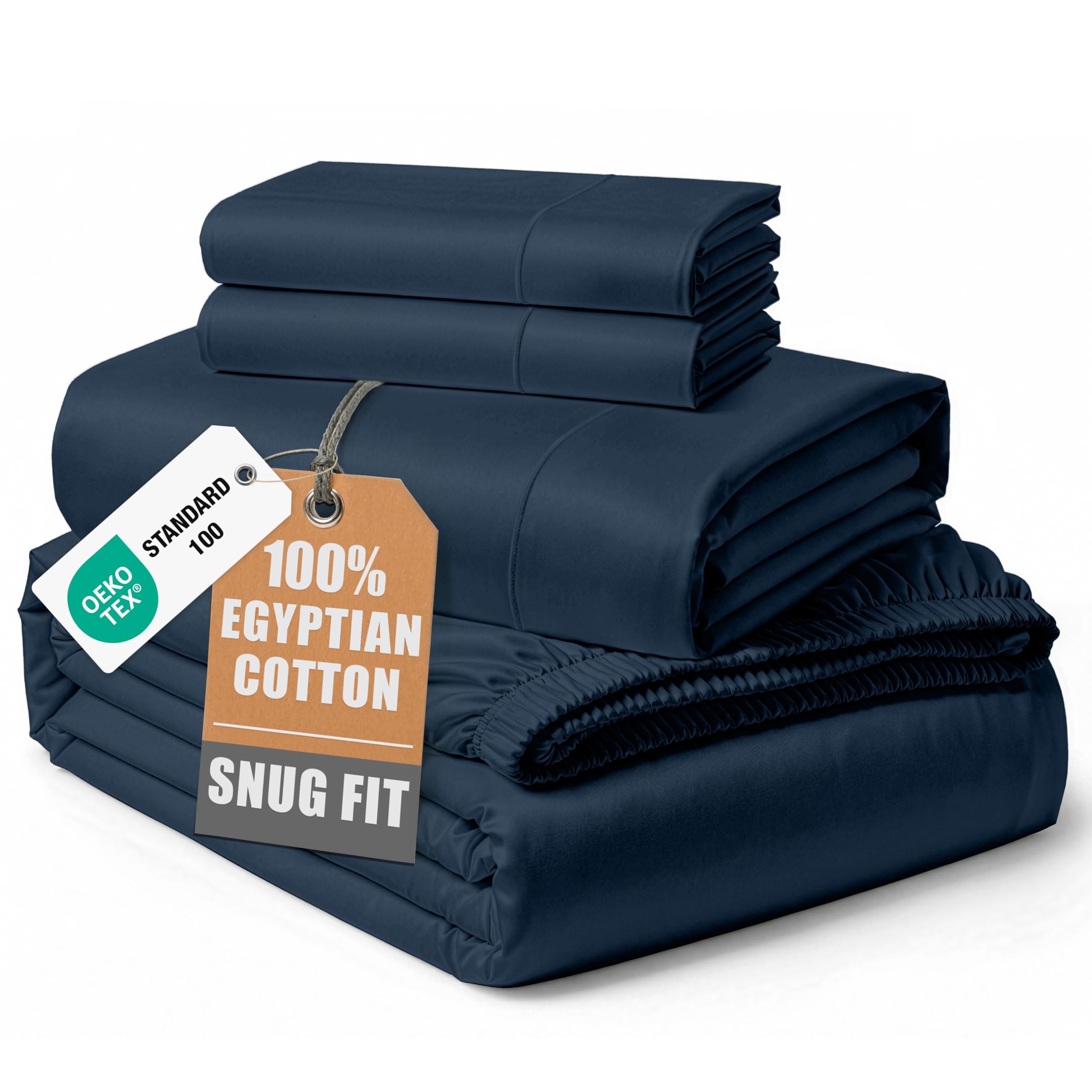 LANE LINEN King Size Sheets Deep Pocket Set Sateen Weave - Dark Denim