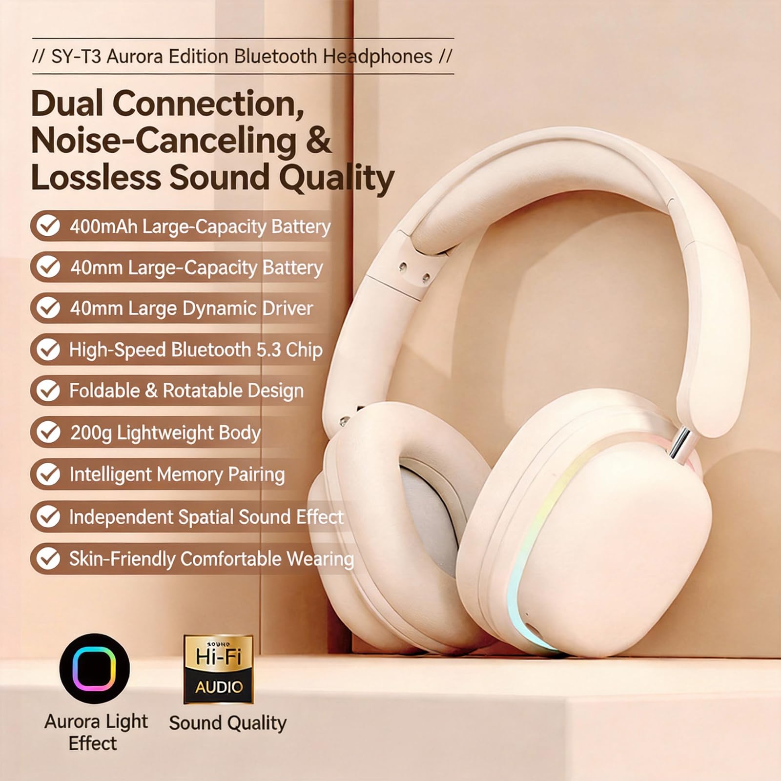 Cuffie Bluetooth wireless over-ear con chip 5.3, 20 ore di riproduzione, driver da 40 mm, design pieghevole e leggero, illuminazione RGB, doppio microfono per chiamate chiare, compatibili con PC