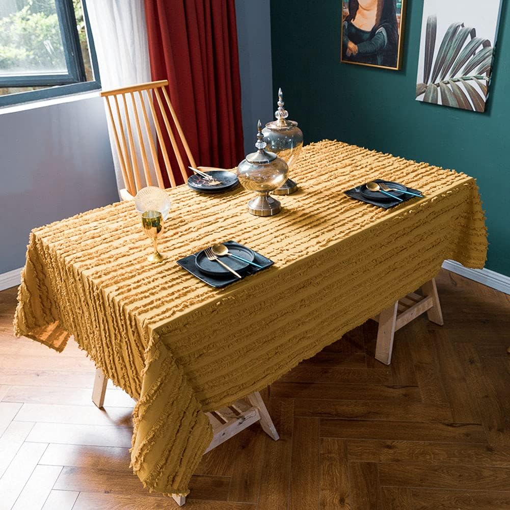 vctops Boho Cotton Linen Tablecloth Striped Jacquard Pattern Table Cover for Kitchen Dinning Farmhouse Tabletop Decoration (Mustard Yellow, 59"x79") : Home & Kitchen