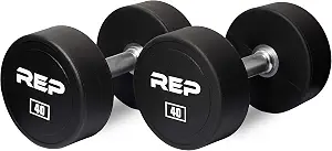 REP Fitness Urethane Coated Round Dumbbells, 5 to 100 lbs, Singles or Pairs, With or Without Rack