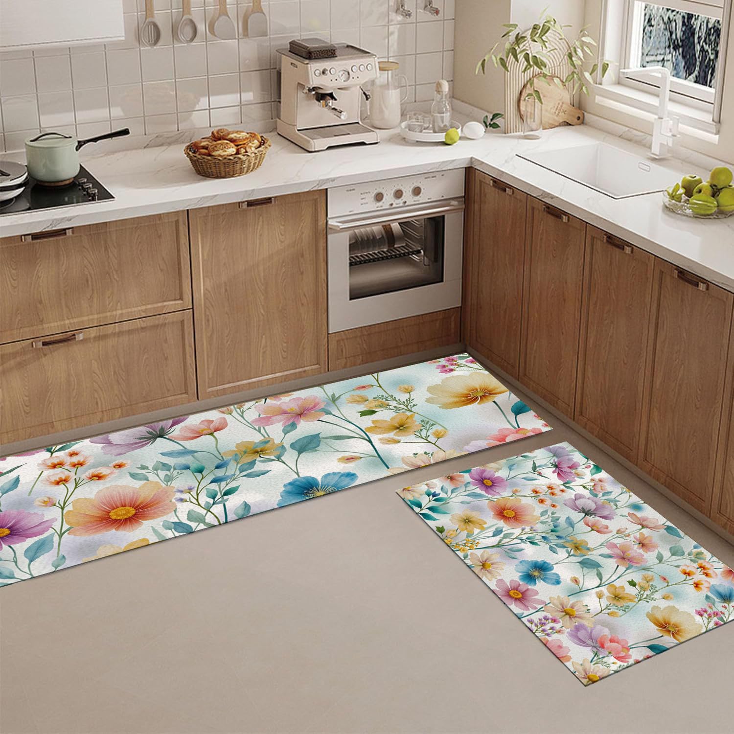 Alfombrilla de cocina antifatiga de dos piezas en beige y cian para proteger el suelo
