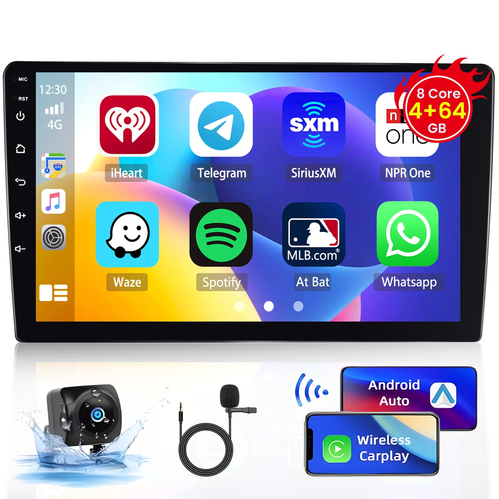 Autoradio Android 2 DIN 10" Avec CarPlay/Android Auto Sans Fil – Snapdragon 8-Core, 4+64 Go, GPS, WiFi, Caméra De Recul