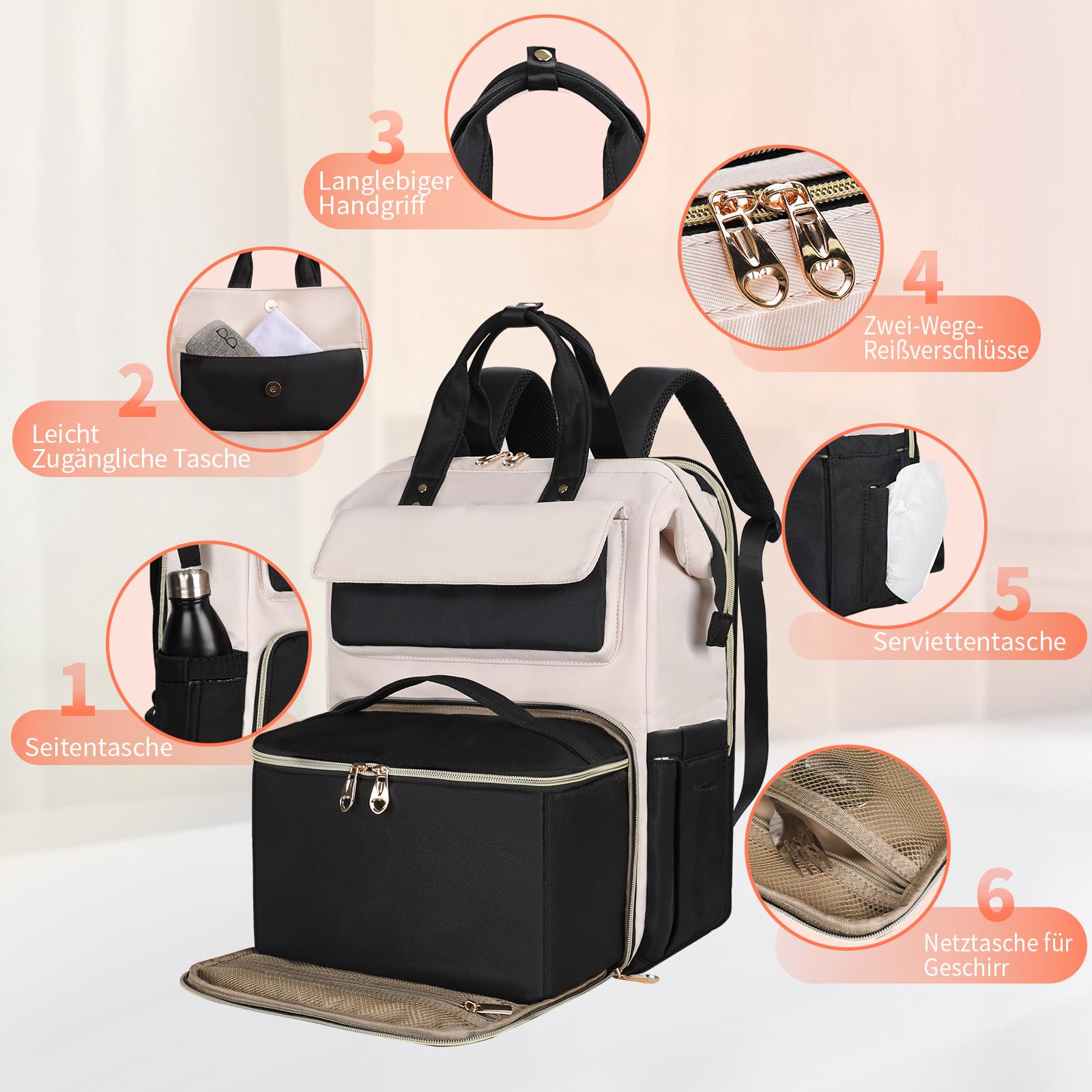 BERTASCHE Lunch Rucksack, Laptop Rucksack Damen 15,6 Zoll mit Isoliertes Kühltasche, 2-in-1-Arbeitsrucksack für Frauen/Arbeit/Business/Reisen/Lehrer/Schule/Uni，Schwarz-Beige