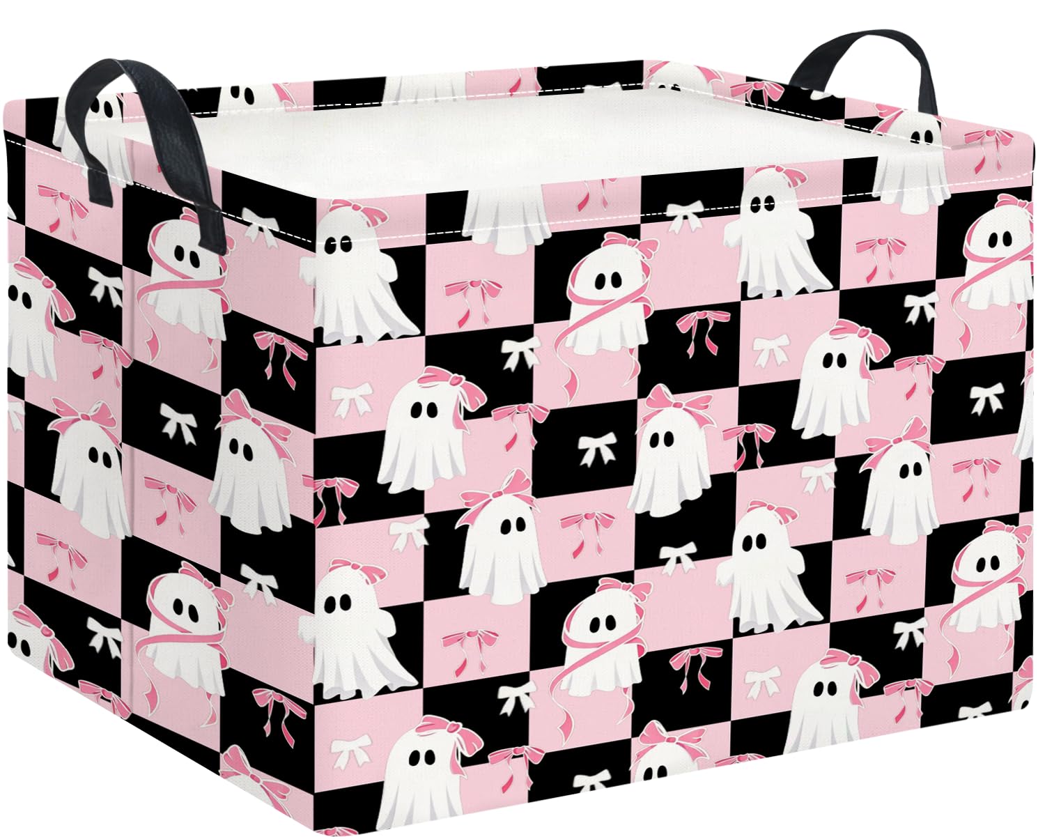Rectangle Storage Basket with Handles,Collapsible Storage Bin,Gift Basket(Pink Check Halloween)