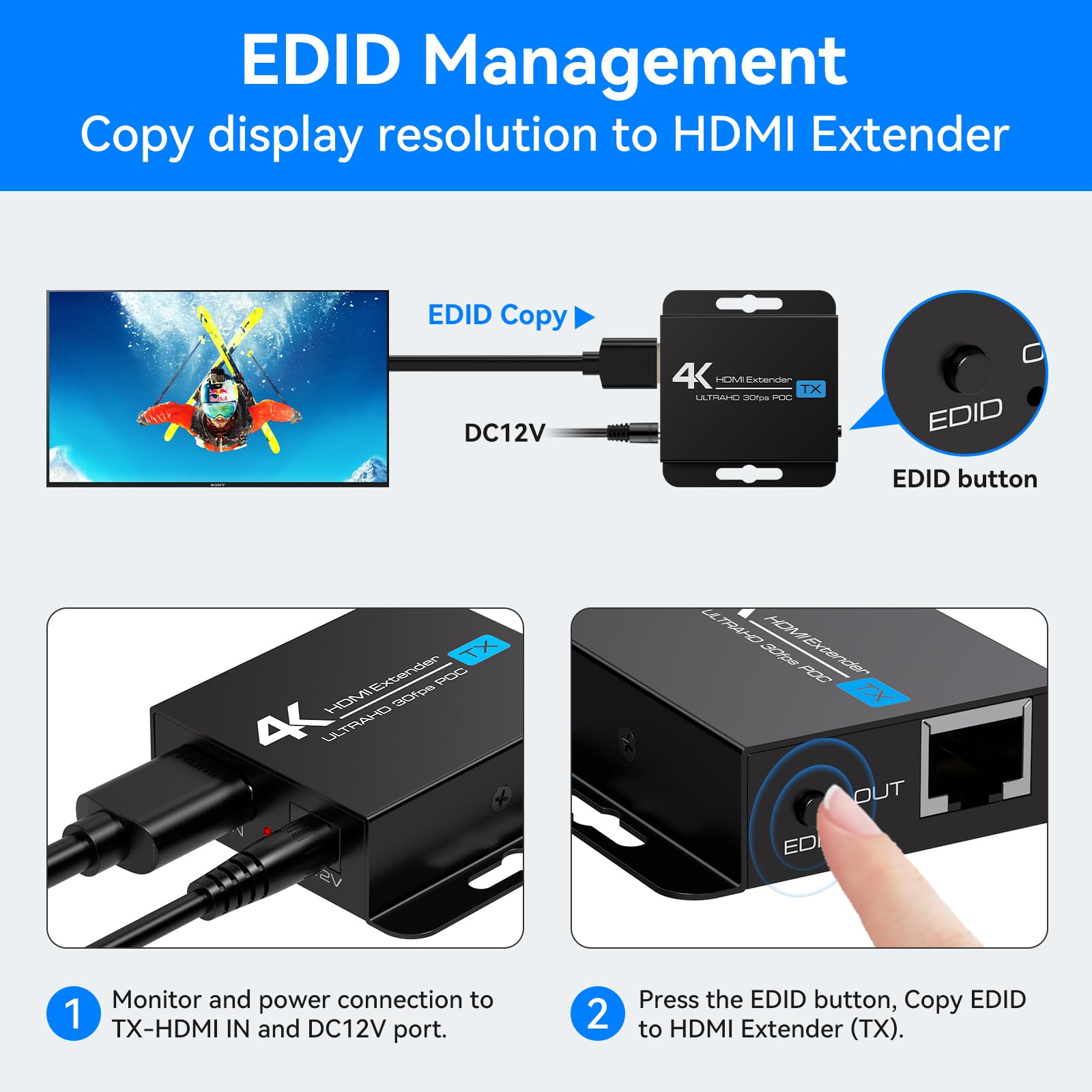 VEDINDUST HDMI Extender 4K30HZ 40M/131FT Extender HDMI Ethernet Over Cat5e/6/7 HDMI Auf RJ45 Supporto 4k 1080P 3D POC EDID (Solo bisogno di alimentazione TX per lavoro)