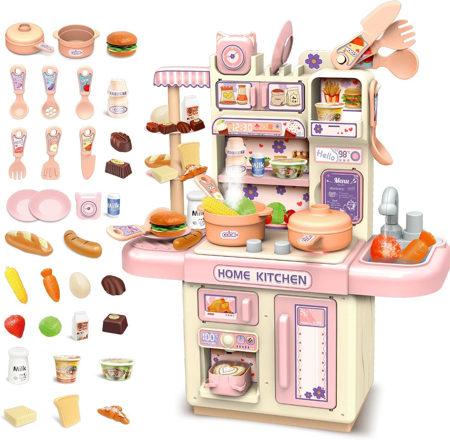 Baybee Kitchen Toy for Kids, Toddler - Kitchen Playset, Kitchen Accessories with Role Playing Game Food and Cooking Playset for Toddlers, 35 PCS Indoor Play Set for 1 to 4 Years Girl Boy (Pink)