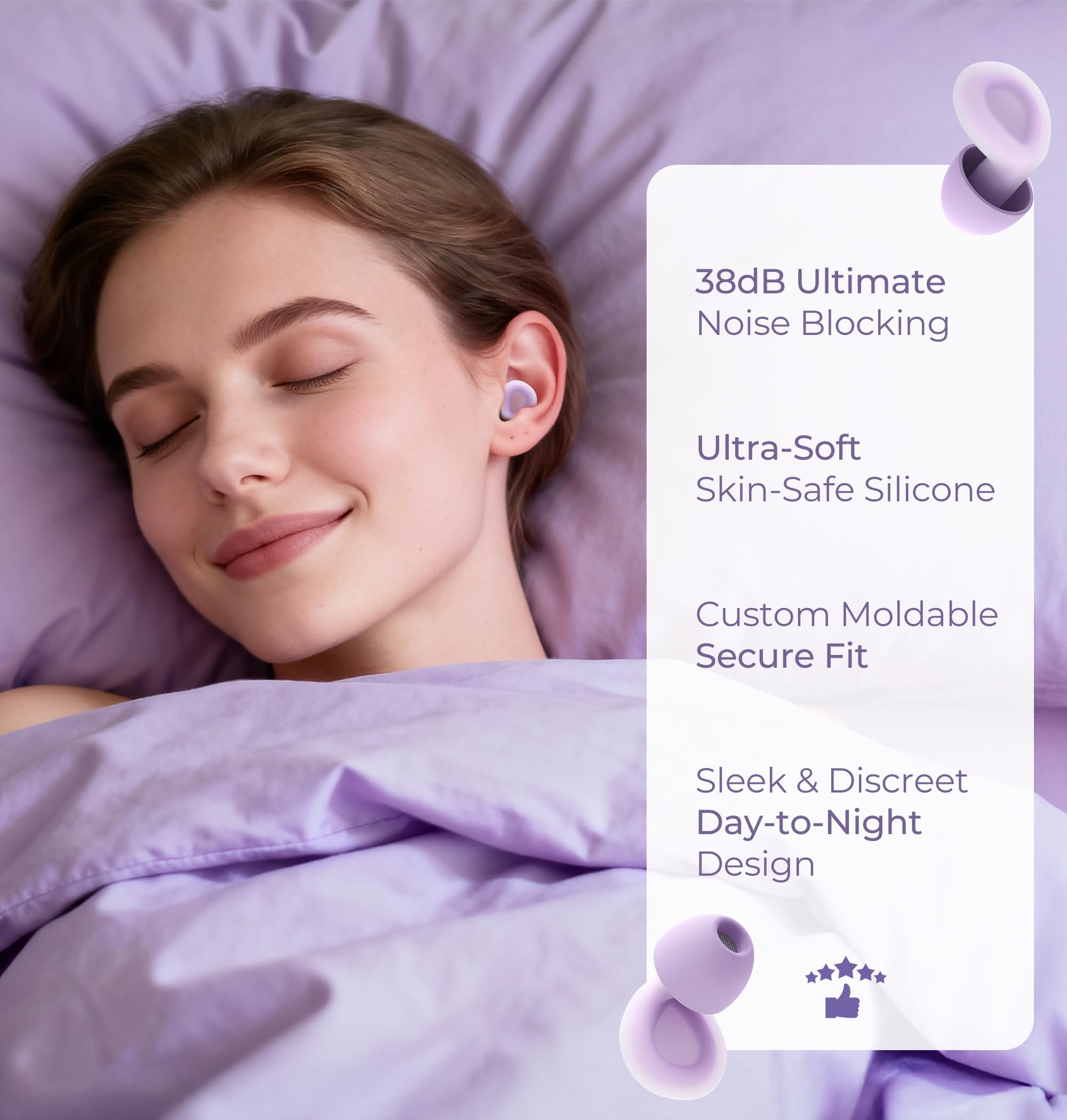 LC-dolida Aura Pro Sleep Earplugs, 38dB Higher Noise Reduction - Ultra-Soft Silicone for Snoring & Noise Blocking, Skin-Safe Custom Fit, Sleek & Reusable for Travel, Office(): Purple