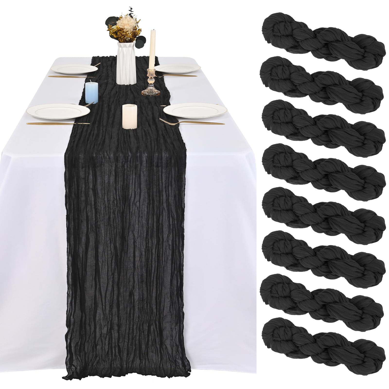 Chemin de table en étamine lot de 8 déco mariage gaze de coton noir 89x305cm