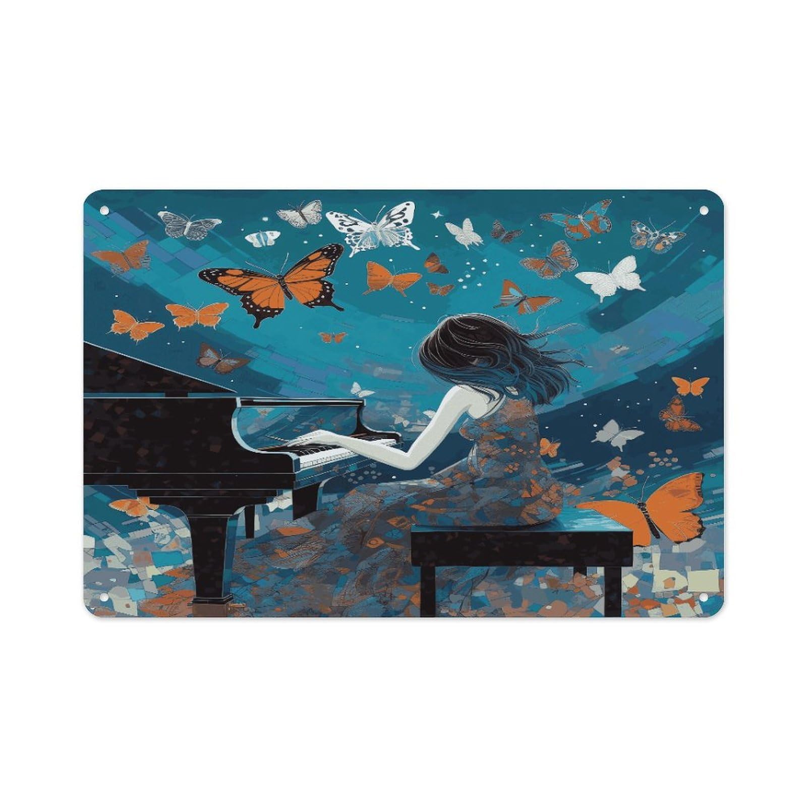 Fekiloot Girls Style Playing Piano Wall Decor-Aluminum Painting,Tin Sign For Vintage Decoration,Wall Sign For Bathroom Living Room Kitchen Home Farm Farmhouse 11.8 * 7.9 Inch