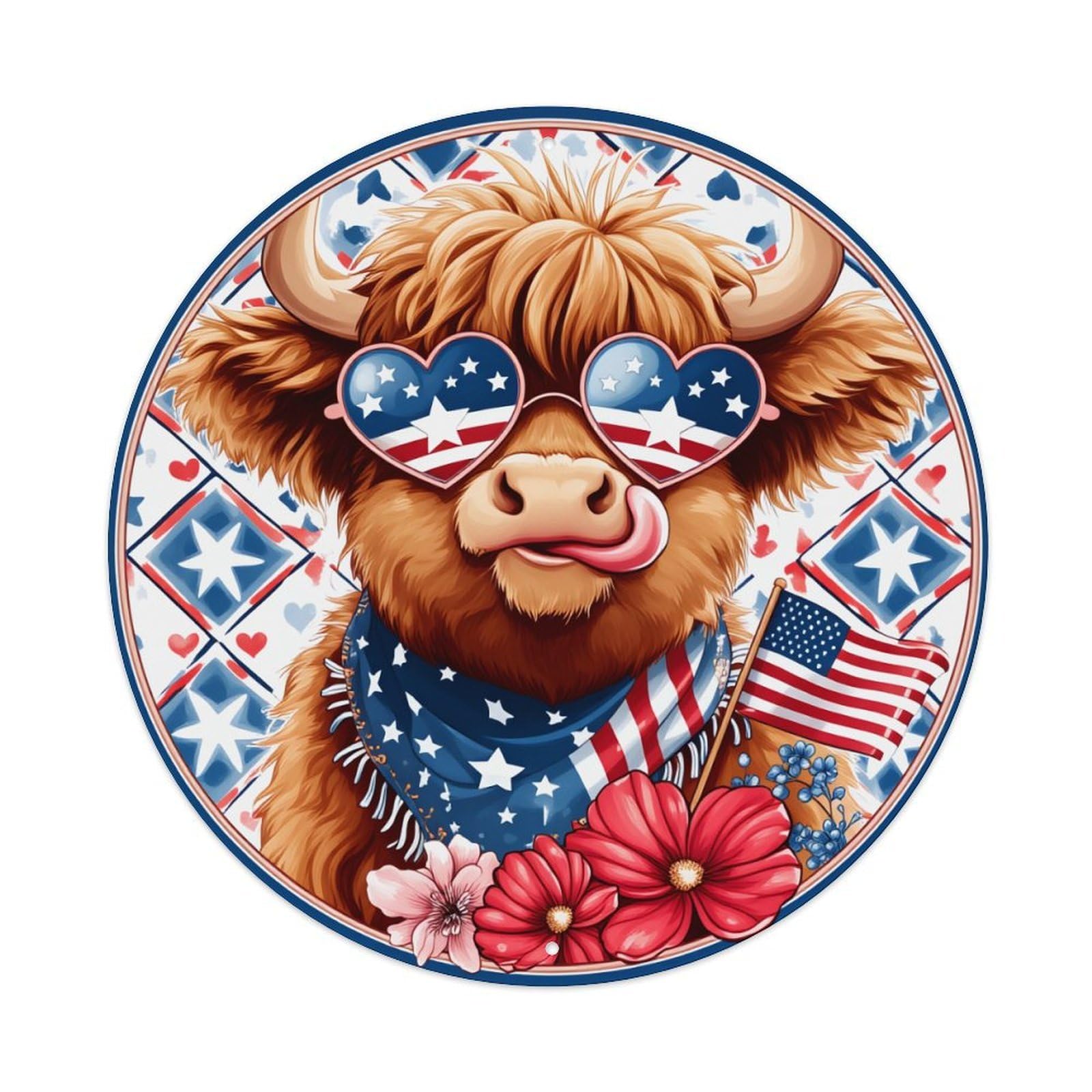 American Flag Heart Sunglasses Bull Round Tin Sign Vintage Metal Poster, Home Bar Garage Man Cave Cafe Indoor & Outdoor Wall Decoration 8x8Inches