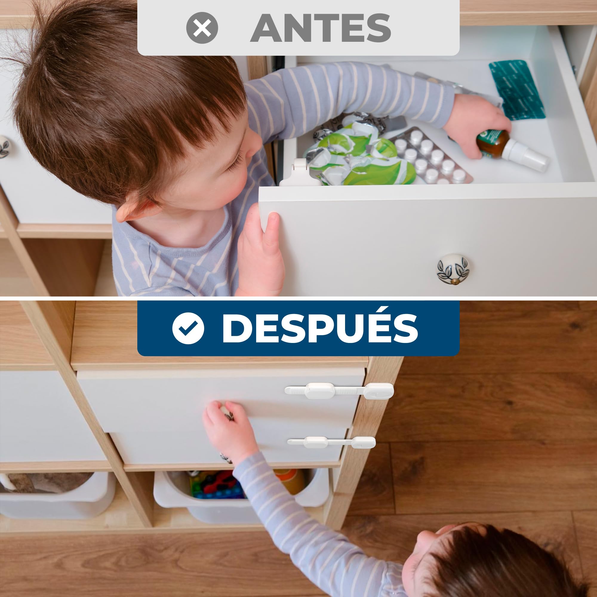 Hoffenbach Bloqueo de Seguridad para Bebé – Cierre Protector para Puertas, Cajones y Armarios – Cerradura Autoadhesiva sin Taladro, Seguros para Bebés y Ventanas (Blanco, 8 piezas)