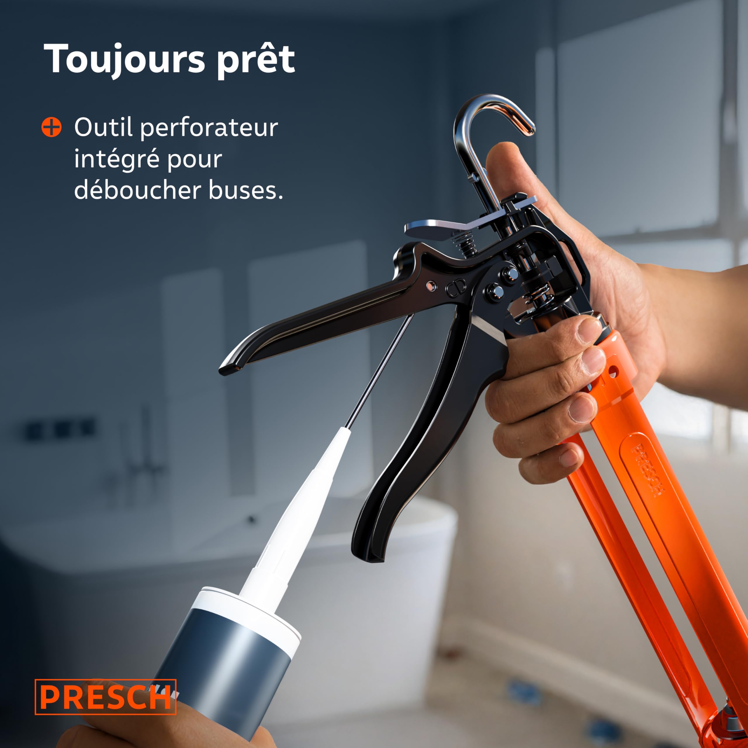 Presch Pistolet silicone 12:1 rapport de poussée anti-goutte – Pistolet à cartouche 310ml pivotement 360° aiguille de perçage