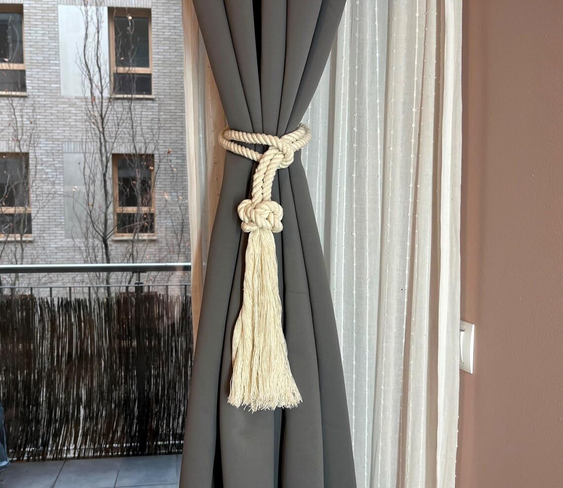 MAKNGRID (354303) Cotton Curtain Tiebacks with Diamond Knot and Tassel, Beige, Boho Style, Pack of 2 Contemporary Curtain Holdbacks Modern Drapery Holdbacks Neutral-Toned Drapery Accessories 3