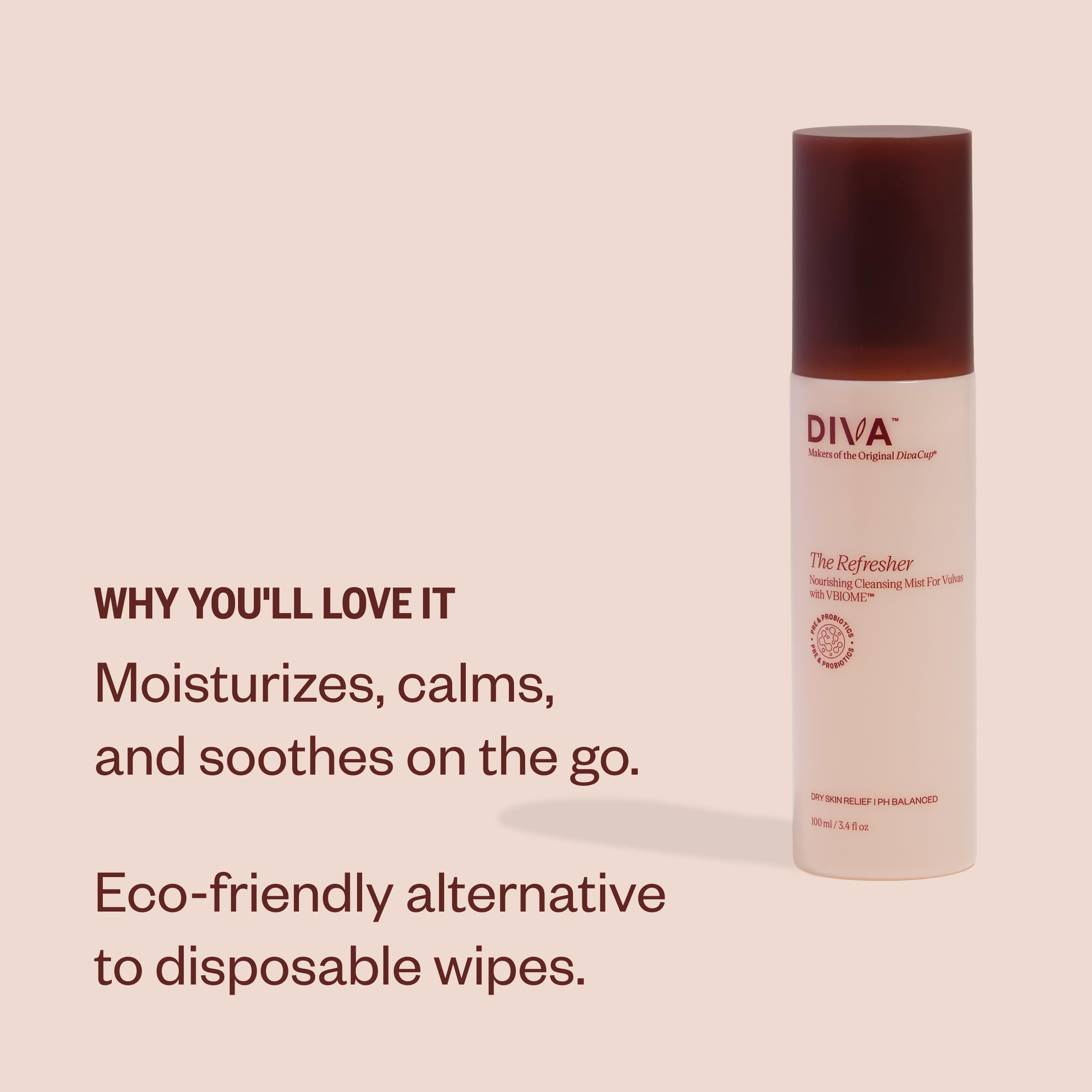 DIVA Refresher - Gentle & No-Rinse Spray Cleanser - Fragrance-Free & Plant-Based Formula - Helps Strengthen Moisture Barrier & Support Healthier Microbiome - 100 mL