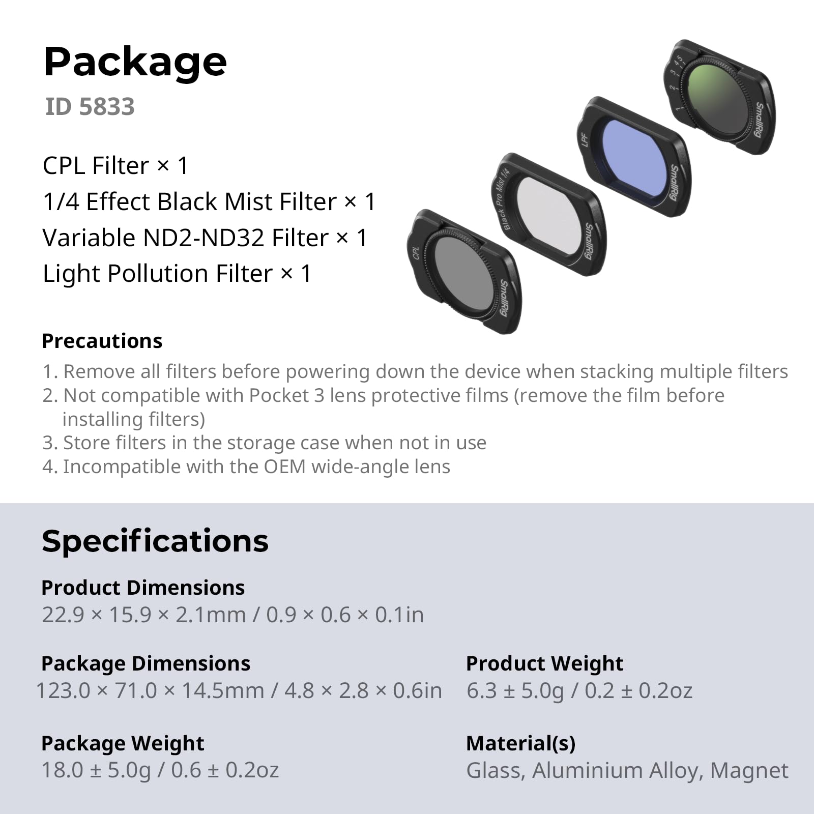 SMALLRIG Set di Filtri Magnetici ND e CPL e Filtri per Effetti e LPR per DJI Osmo Pocket 3/4, Confezione da 4 filtri CPL 1/4 Neri a Diffusione Variabile ND2-32, Vetro Ottico HD Multistrato - 5833