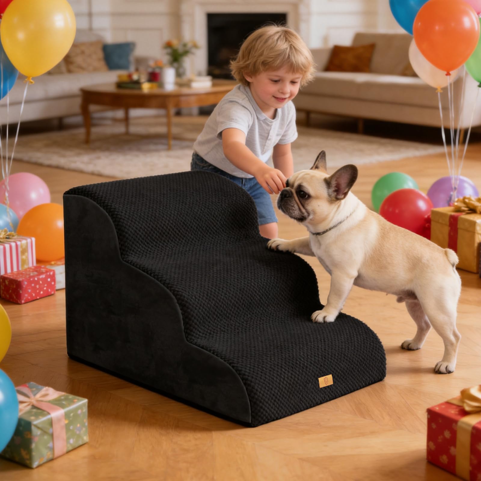 Escalera para Perros pequeños, Escalera para Mascotas, 3 peldaños, Esponja de Alta Densidad, 40 cm de Alto con Funda Impermeable, Antideslizante para sofá Cama, Color Negro