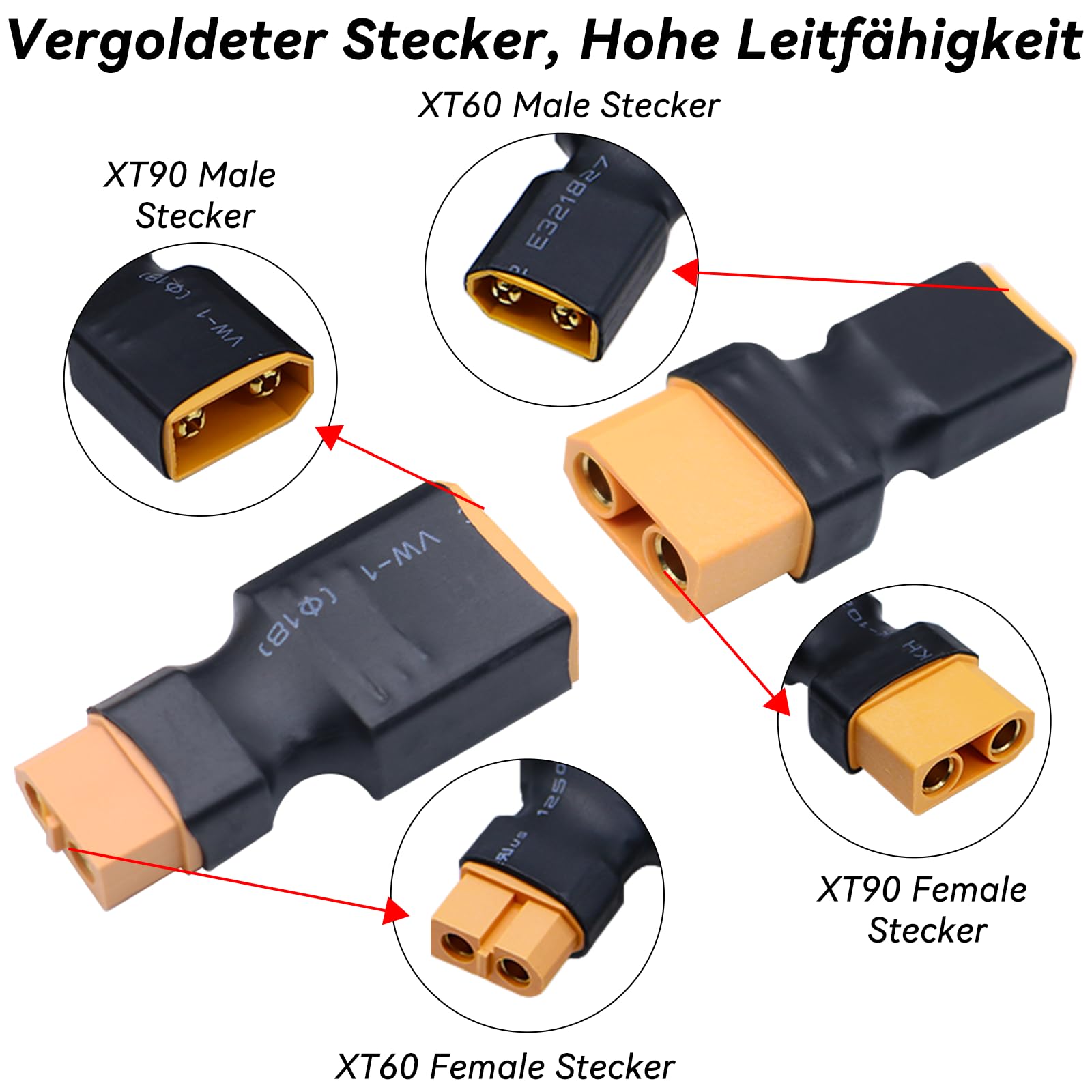 OTOTEC 4 Paires D’adaptateurs XT60 Mâle/femelle Vers XT90 – Prise De Puissance Compacte Pour UAV, Voiture RC, Avion – Connecteurs Sans Fil