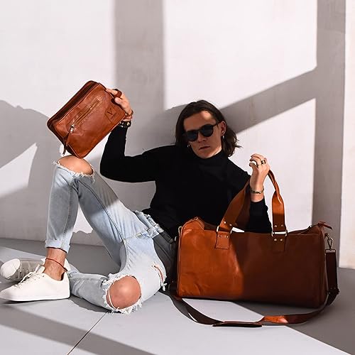 Miniatura 7 de Bolsa de lona de cuero para hombres y mujeres, 46 litros de largo, para viajes y artículos de aseo gratuitos, bolsa de mano para el fin de semana