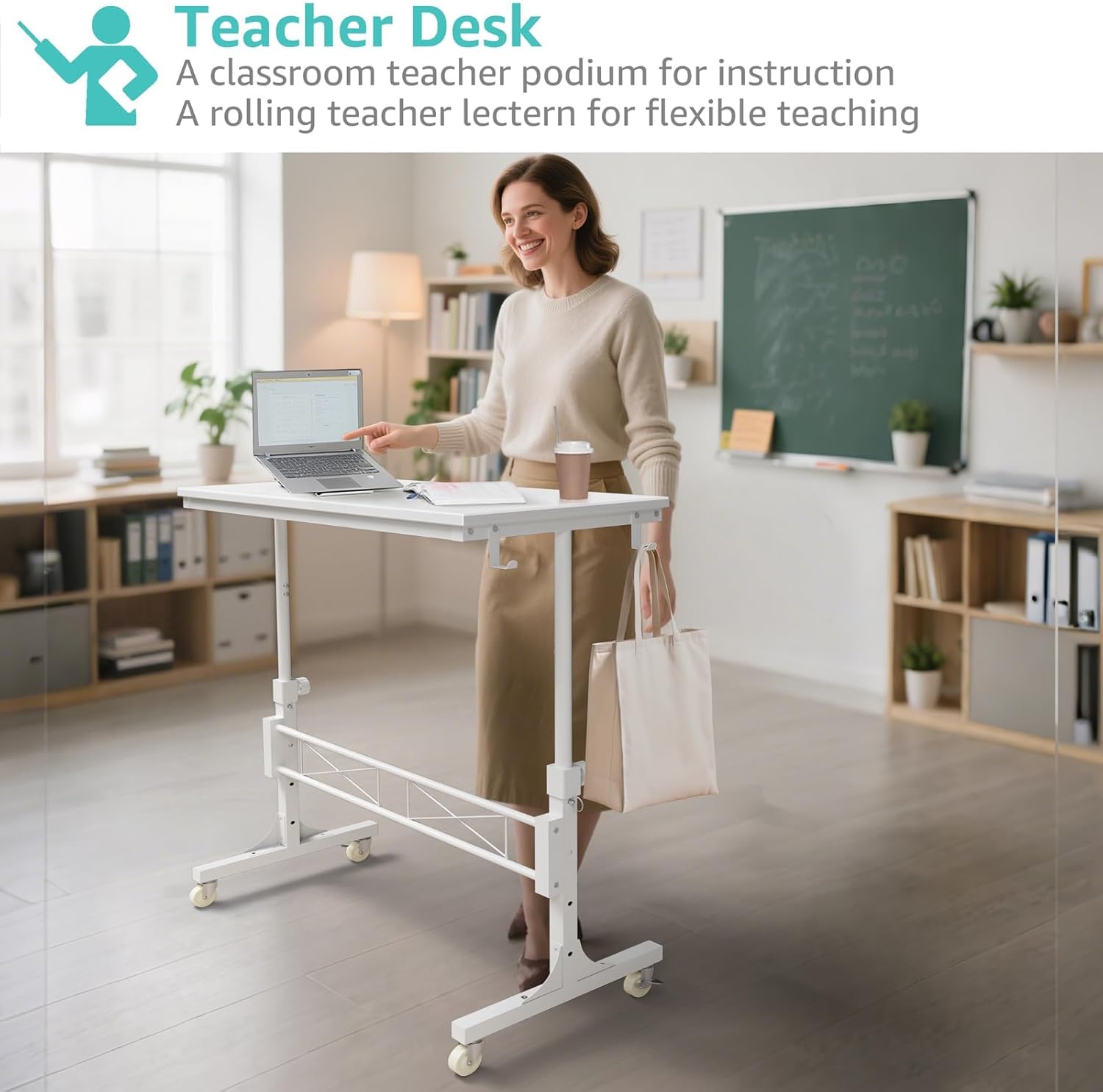 Small Portable Treadmill Walking Pad Desk on Wheels, 32 Inch White Adjustable Height Mobile Rolling Standing Teacher Desks, Couch Sofa Side Laptop Stand Up Table for Bedroom, White - Image 4