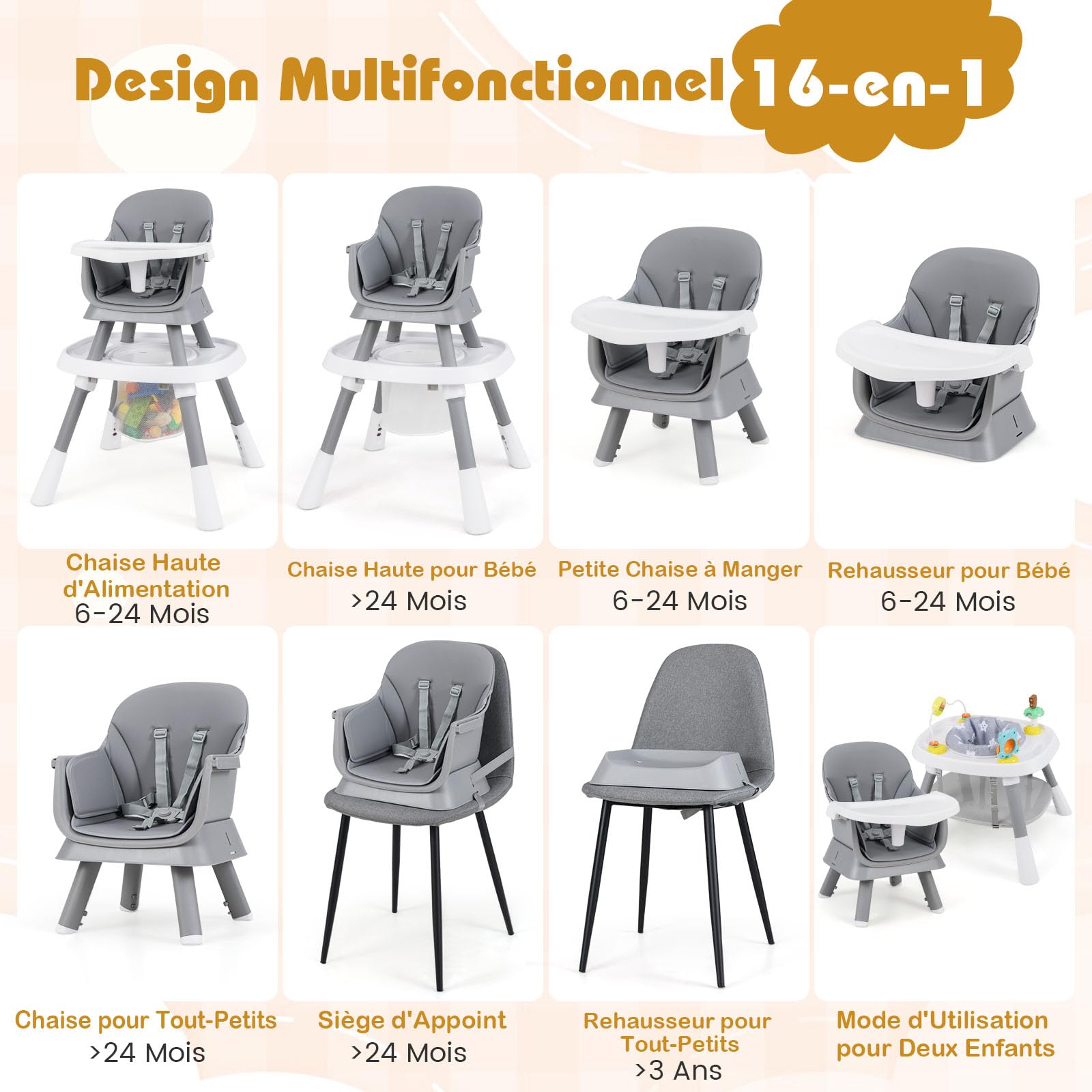 COSTWAY 16 en 1 Chaise Haute Bébé Evolutive, Plateau Réglable à 3 Niveaux, Table de Construction, Chaise Haute Bebe, Harnais à 5 Points, Siège Pivotant à 360°, 3 Jouets, pour 6-36 Mois (Gris)