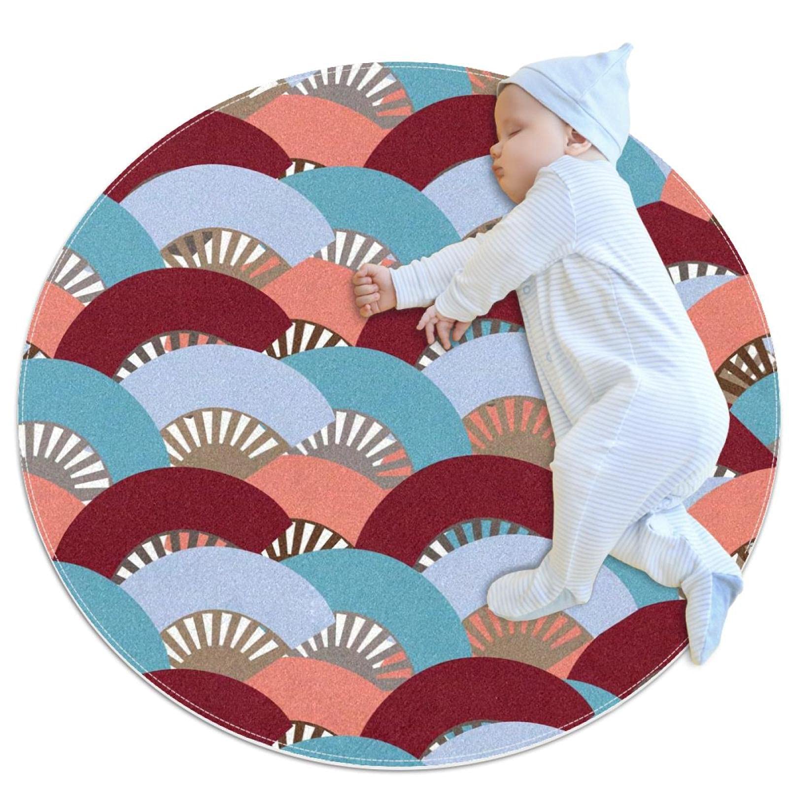 Tapis pour décoration chambre d'enfant rond motif éventail coloré et doux
