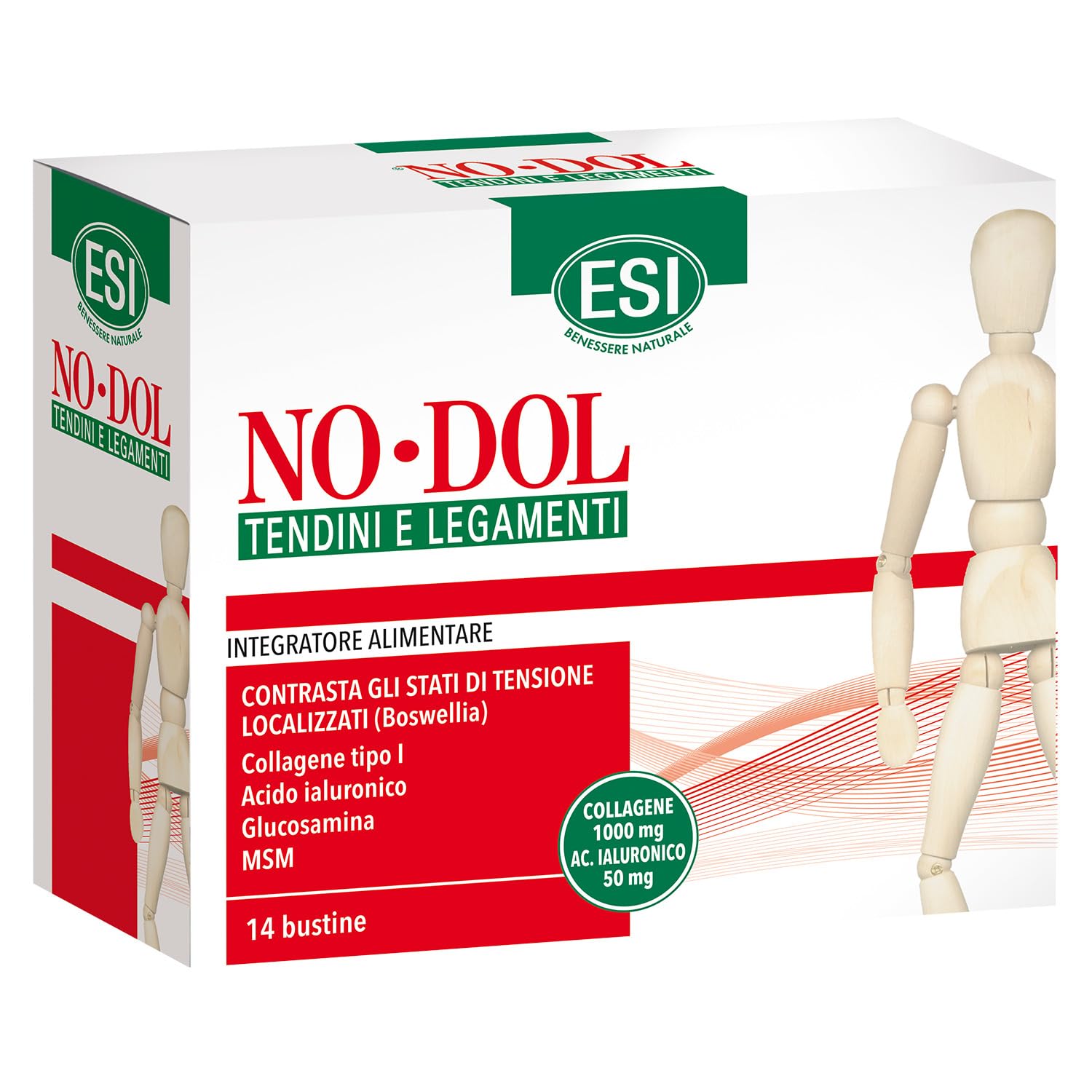 ESI - No-Dol Tendini e Legamenti, Integratore Alimentare con Collagene, Acido Ialuronico e Boswellia, Contrasta Tensioni Localizzate e Contribuisce alla Formazione di Cartilagine, 14 Bustine