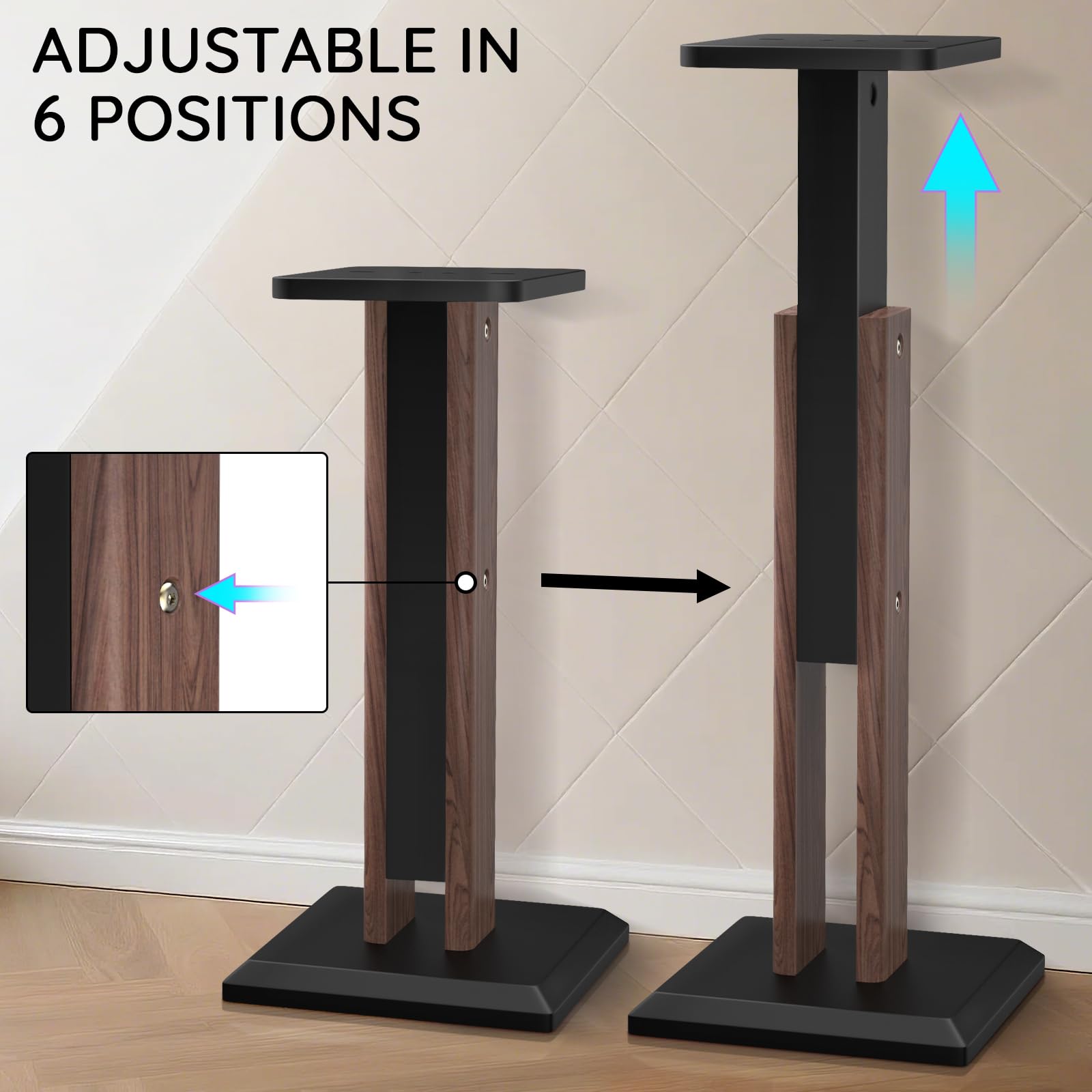 Paire de supports de haut-parleurs en bois de 63 à 84 cm réglables en hauteur (63 à 84 cm), supports universels pour haut-parleurs de bureau, support de moniteur, expérience d'écoute audio améliorée