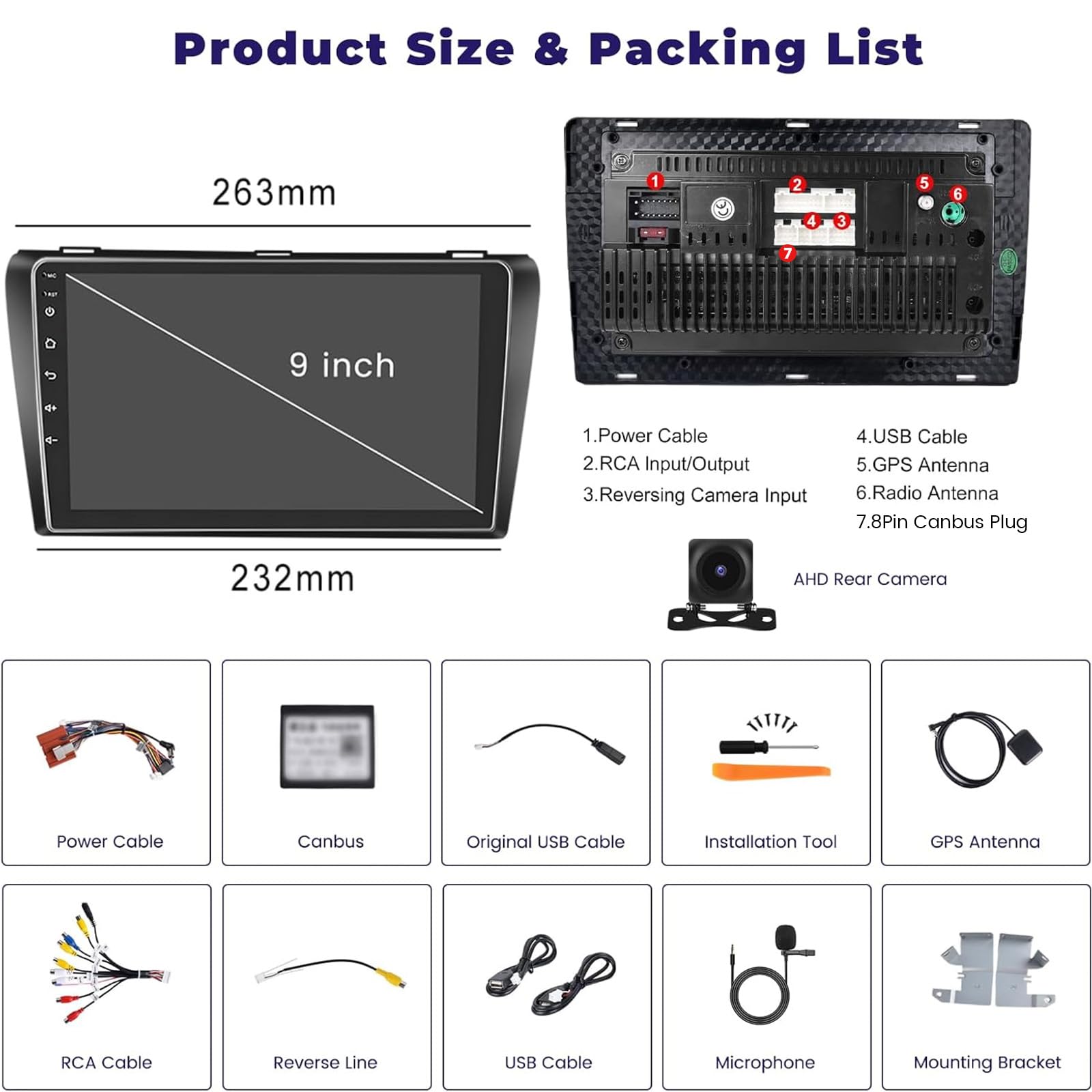 4G+64G Android Radio Coche Carplay para Mazda 3 2006-2012 Android Auto Inalámbrica 9 Pouces Pantalla Coche Autoradio 2 DIN Bluetooth GPS WiFi DSP RDS USB Cámara Trasera+CANBUS