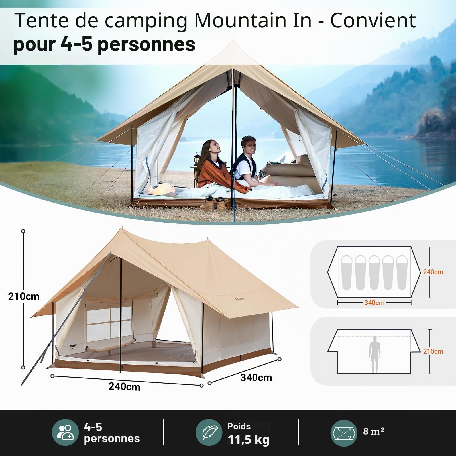 KingCamp Tente de camping pour 4 à 5 personnes - 210 g TC 150D - Tissu Oxford PU3000 mm - Étanche - 8 ㎡ - Grande tente d'extérieur pour camping, glamping, festivals, fêtes