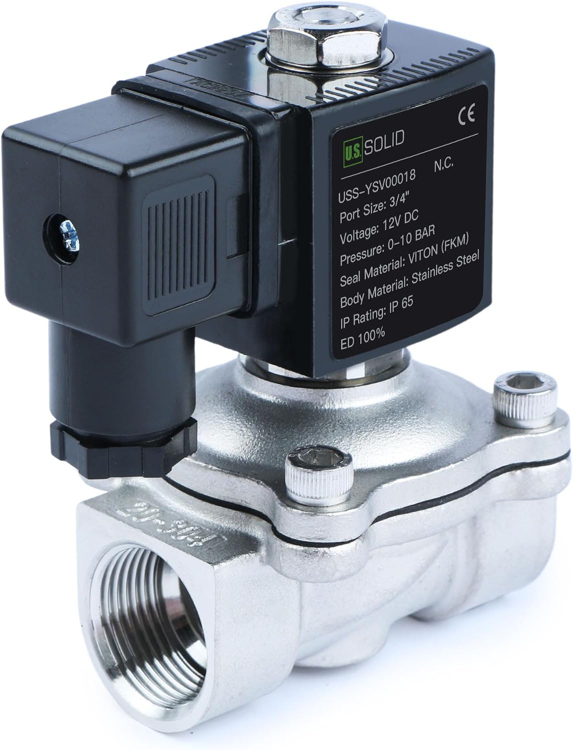 U.S. Solid 3/4" Stainless Steel Solenoid Valve - 12V DC, Normally Closed, 145 PSI Electric Valve for Water, Air, Diesel