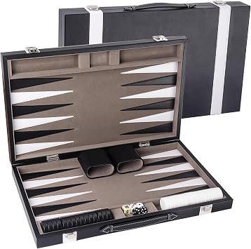 GSE Premium Leather Backgammon Board Game Set, Black&Grey, Medium