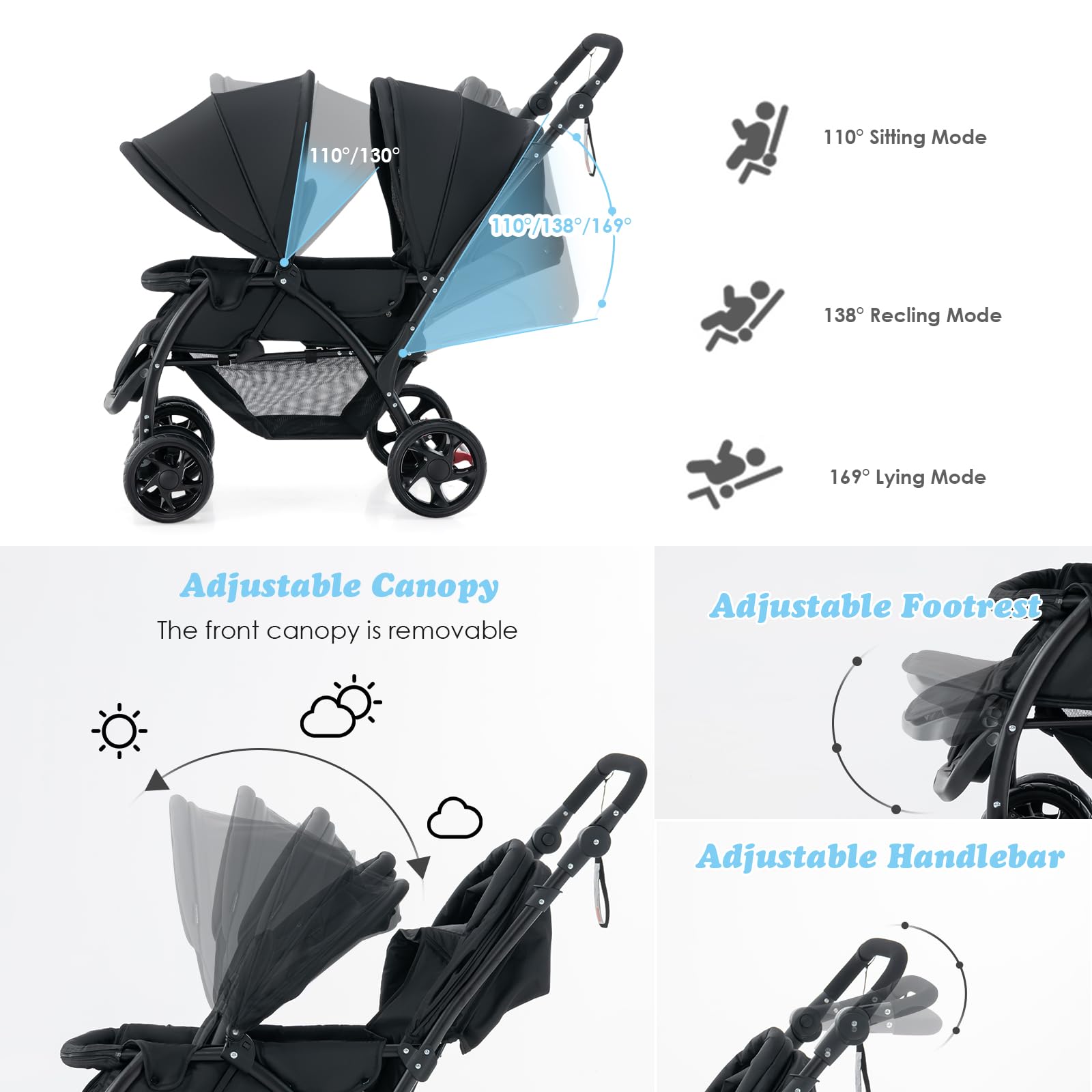 LIFEZEAL Poussette Double Pliable pour Jumeaux, Poussette 2 Places Réglable en 3 Positions, Poussette Canne avec Cosy, Roues Universelles avec Freins, Charge de 15+15 KG (Noir)