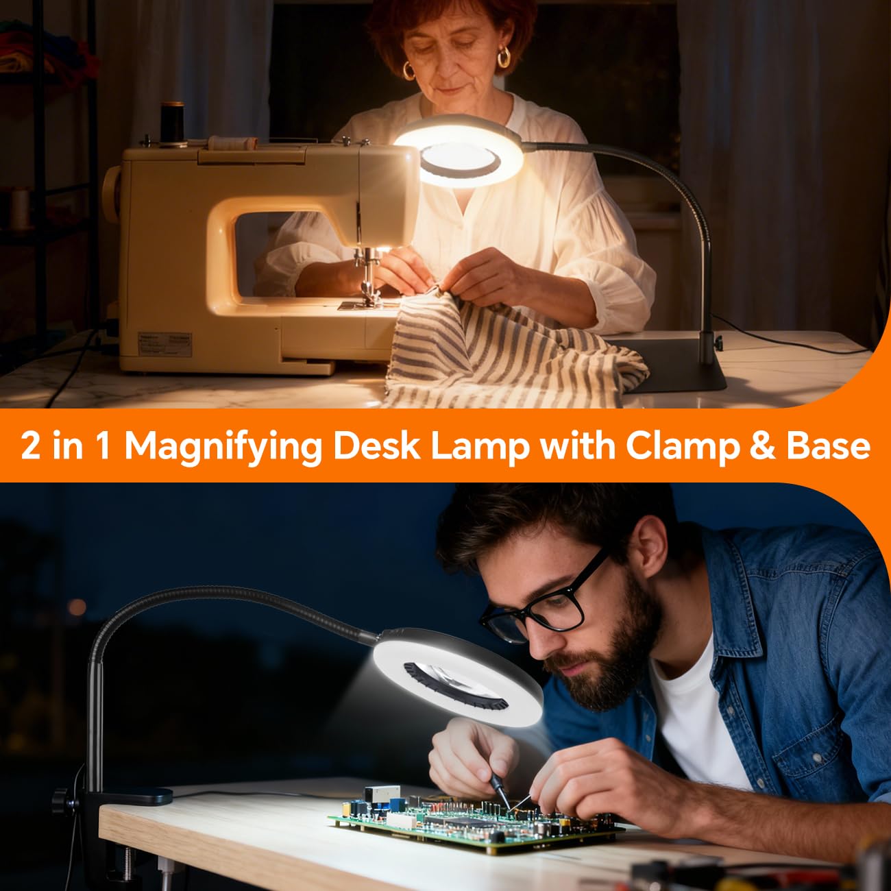 Morotty 12x szkło powiększające ze światłem i stojakiem, 2 w 1 ściemnialna lampa stołowa LED z 5 trybami kolorów i 9 poziomami jasności do majsterkowania, napraw, malowania diamentowego i zbliżenia