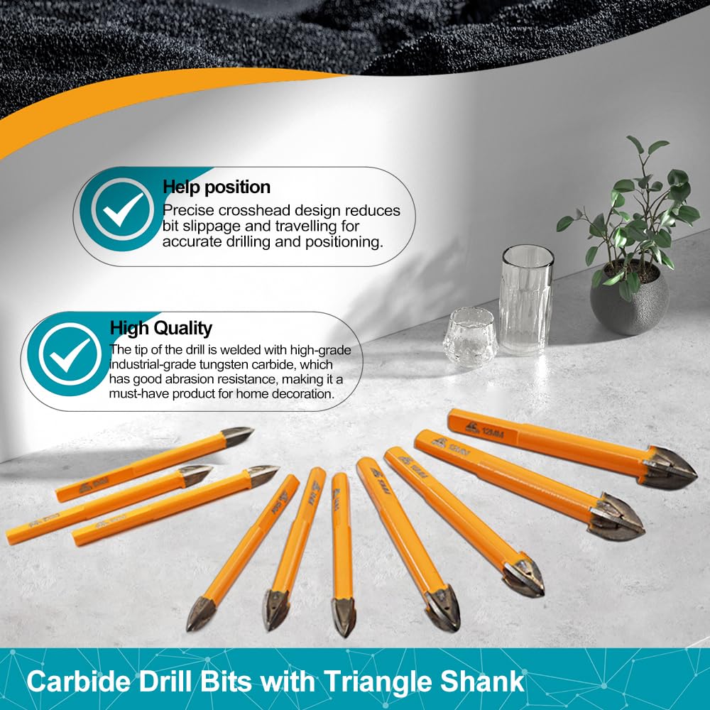 EXFEIN Diamond Tile Drill Bits 10pcs - 6/6/8/10/12mm with Triangle Shank for Porcelain Tile Wood Plastic, set 4 - Image 3