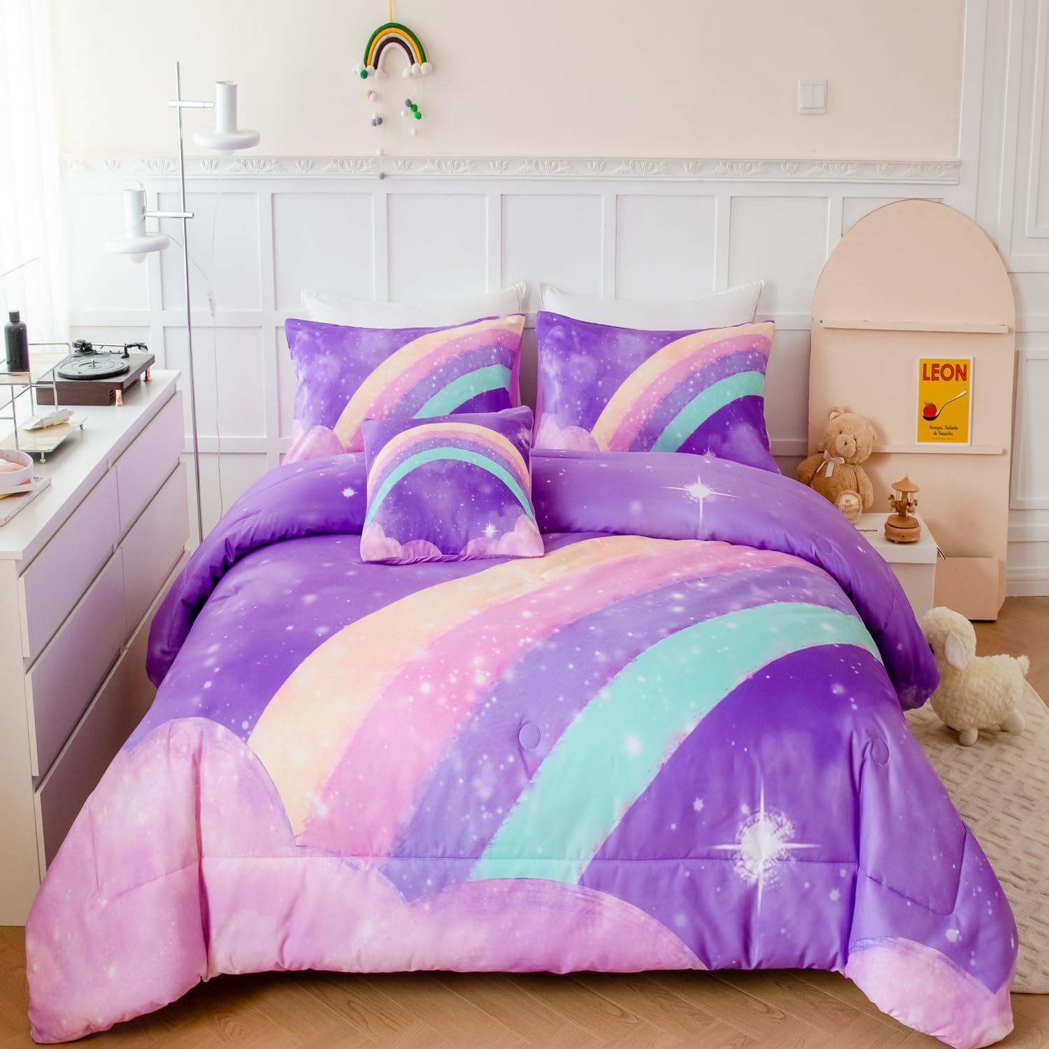 Parure de lit 6 pièces arc-en-ciel violet pastel ANGIYUIN pour couette fille