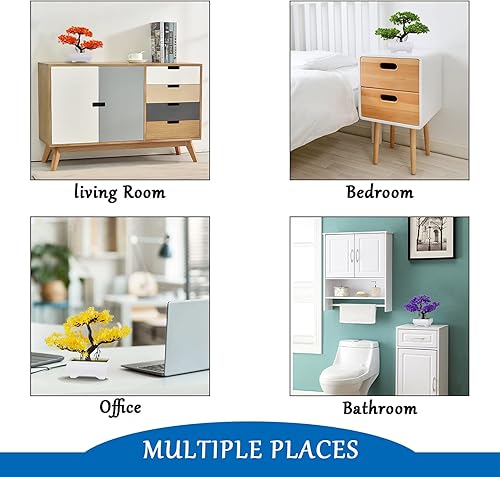 Miniatura 5 de Mini plantas artificiales de árbol bonsái con macetas de cemento de plástico para decoración del hogar y la oficina (rojo rosa)