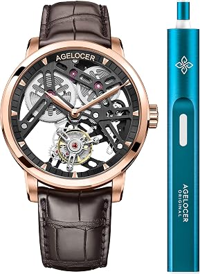 AGELOCER Mens Double-Sided Hollow Tourbillon Hand-Operated Mechanical Leather Wristwatch