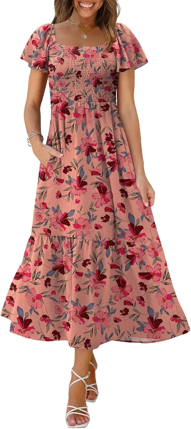 OFEEFAN Summer Dresses for Women Square Neck Ruffle Sleeve Smocked Maxi Dress with Pockets