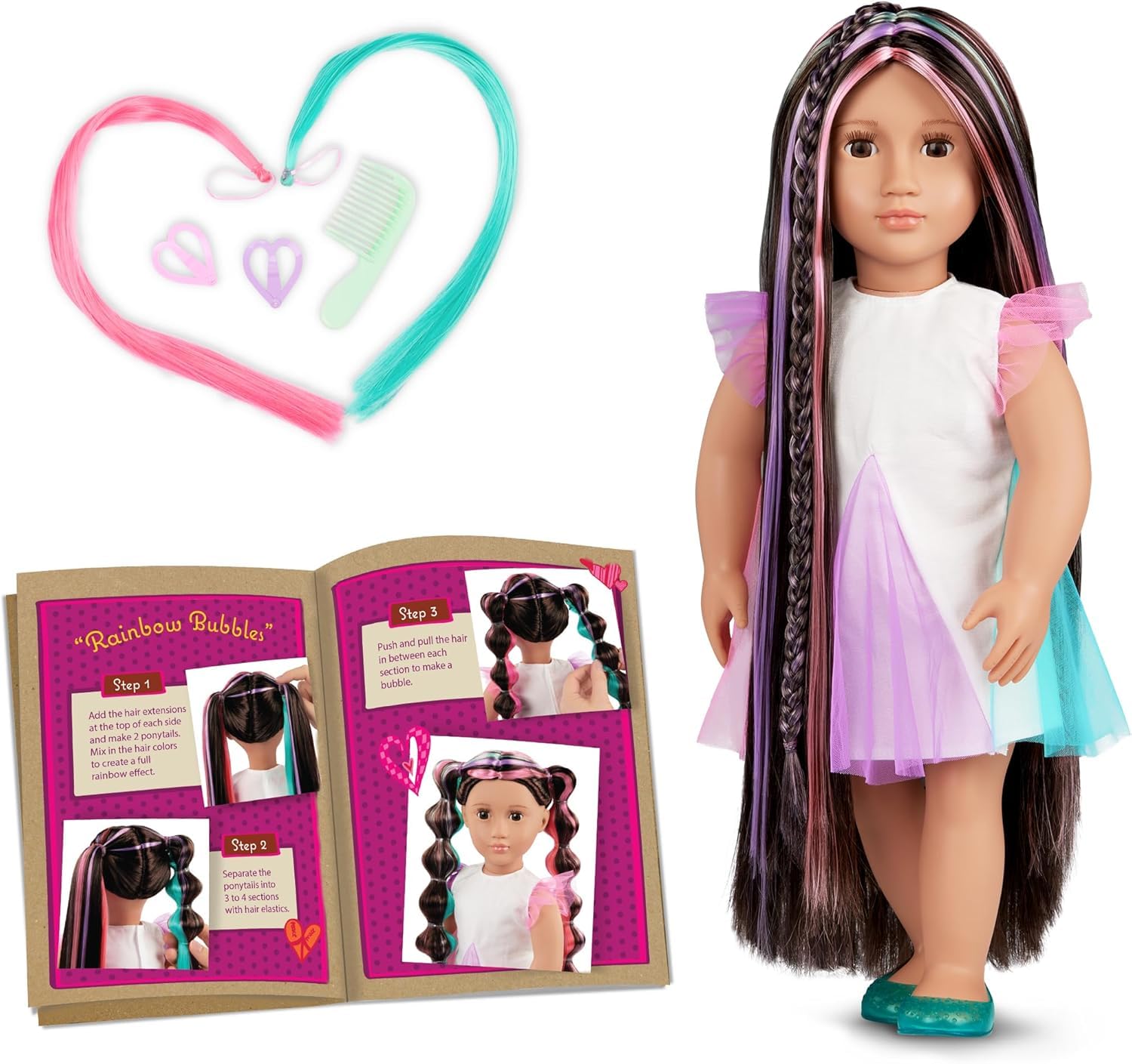Our Generation - Tina - from Hair to There - Muñeca Cabello Crece de 46cm - Cabello arco iris ultralargo y ojos marrones realistas - Juguete para niños a partir de 3 años