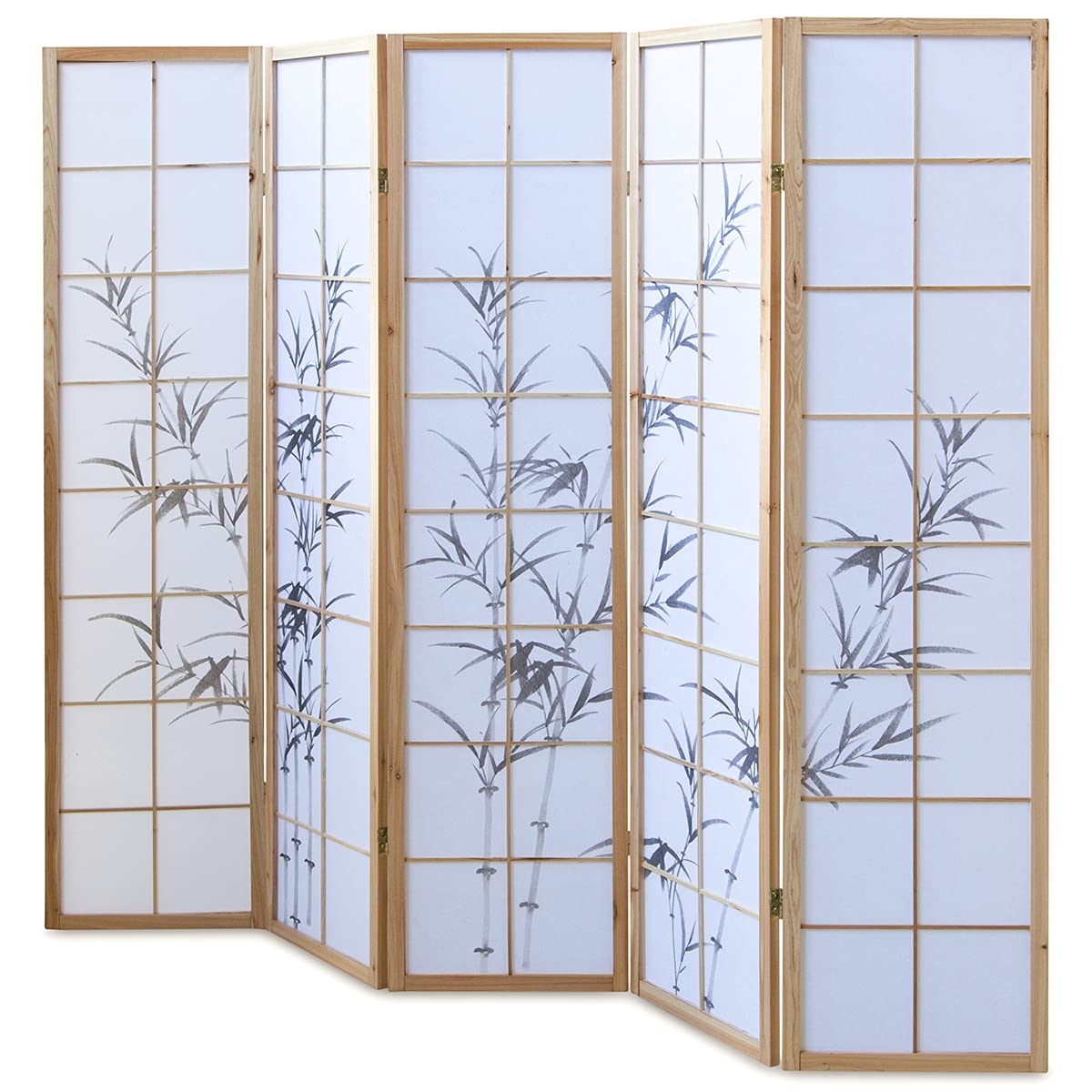 PEGANE Paravent Japonais en Bois Naturel avec Dessin Bambou 5 Panneaux