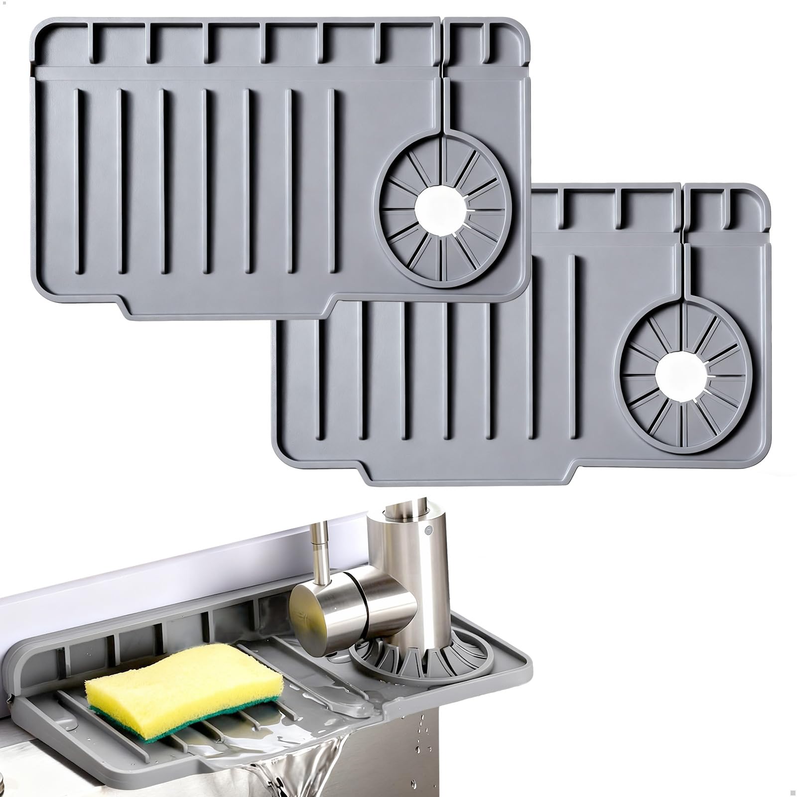 Gexuamz Grey Kitchen Tap Mat, 2 Piece Silicone Sink Splash Guard, Dish Drainer Mat With Inclined Drainage For Drying The Counter, Suitable For Most Faucets,