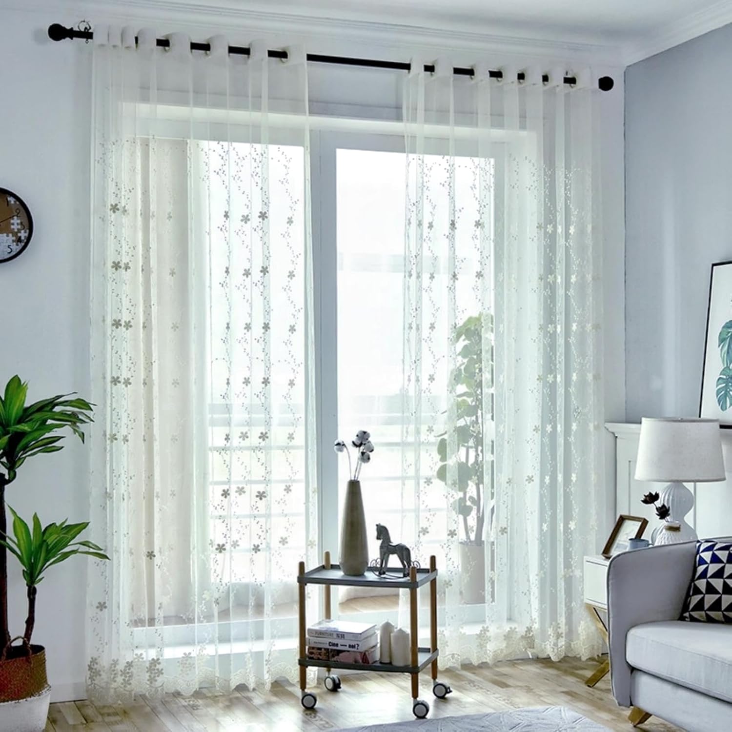 Ivory Lace Curtains Babysbreath Floral Sheer Curtain Embroidery Grommet 2 Panels for Dining Living Room Light Filtering Transpatent Voile Tulle Window Treatment Set , Each Panel 75 x 102 inches Long