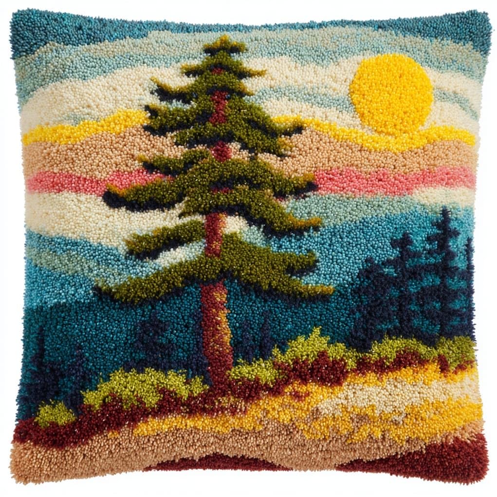 WallustrioaW Latch Hook Pillow Kits Pillow Cover,Sunset Pine Tree Landscape,Pattern Printed Cross Stich Hooking Pillowcase Cushion Crafts Embroidery Home Decor Kits,17x17in