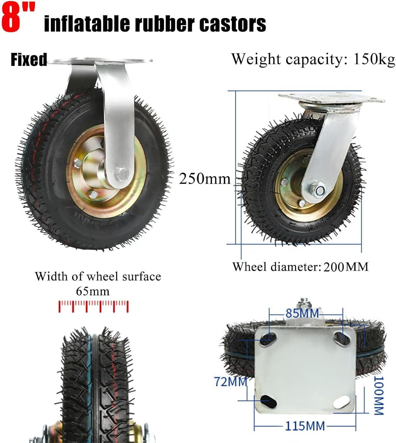 High-Performance Guma koła skrętne z Pneumatyczny Air Koła - 6"/8"/10" Do dużych obciążeń kółka meblowe, 900 lbs nośność(Stały,200mm/8in)
