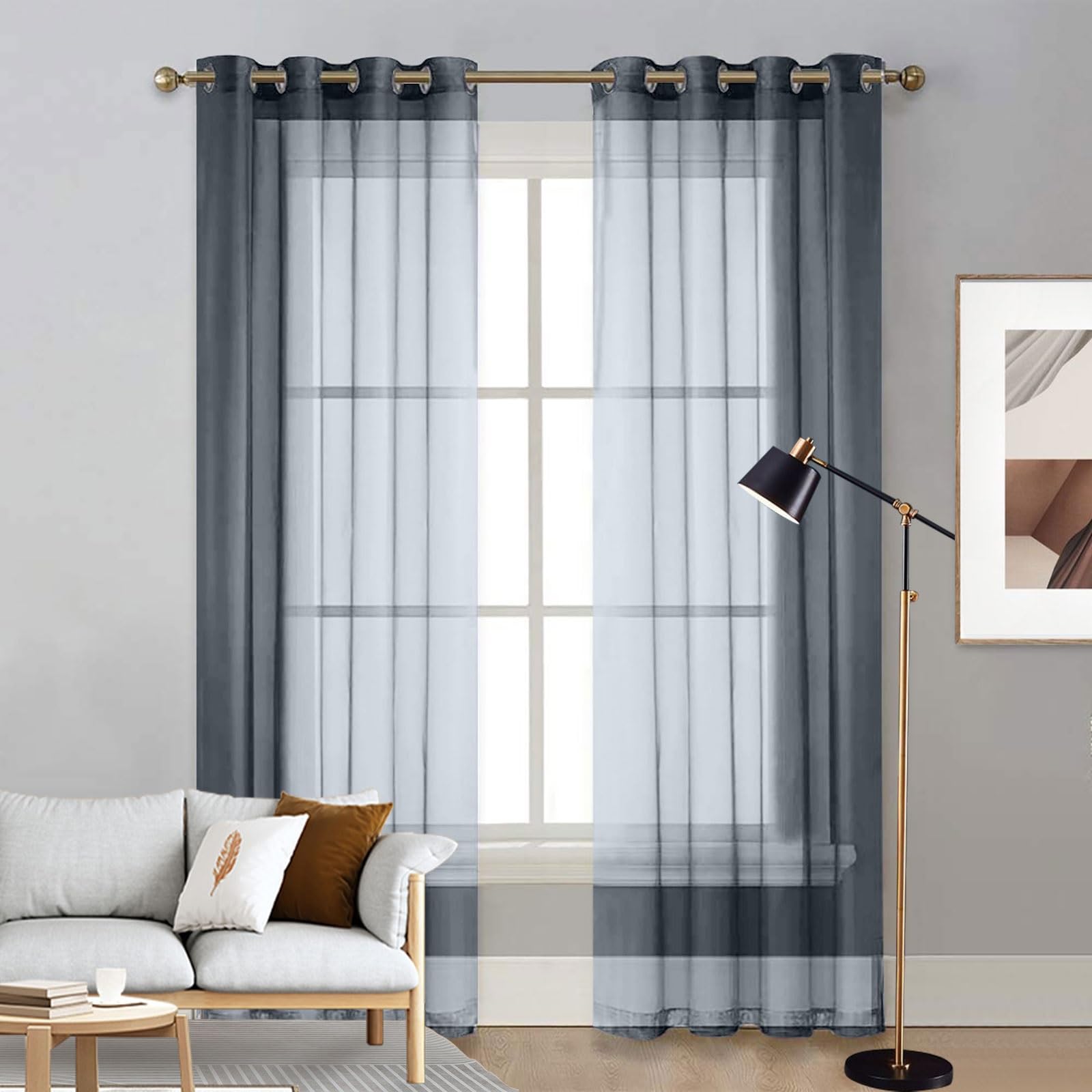 Voilages à passants gris 100x110 cm pour fenêtre de chambre