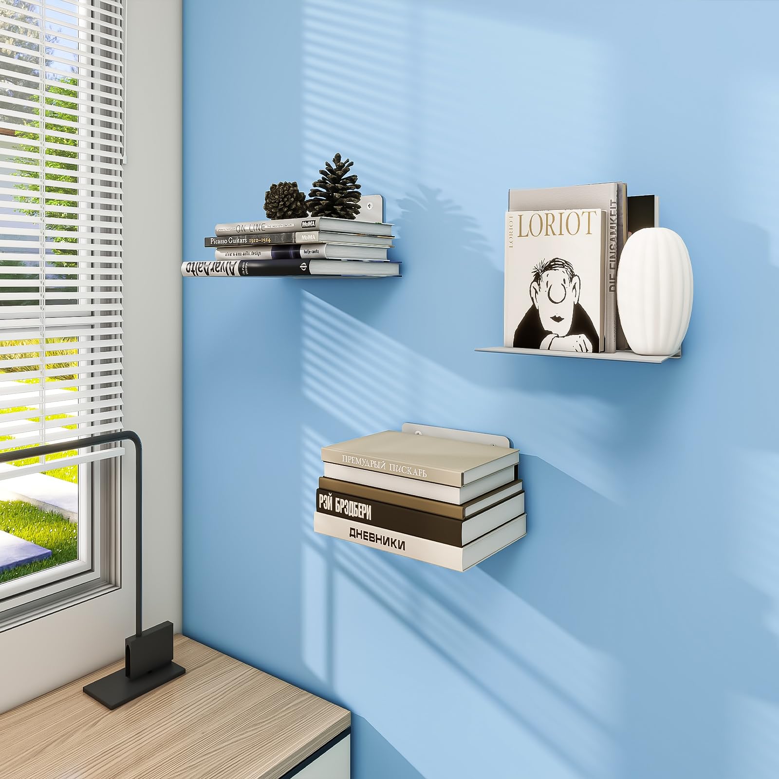 FENTEC Estantes de Libros Flotantes para Pared, Estantes de Libros Invisibles de Alta Resistencia, Estante de Libros de Metal Oculto para Decoración de Dormitorios y Oficinas, Juego de 6, Blanco